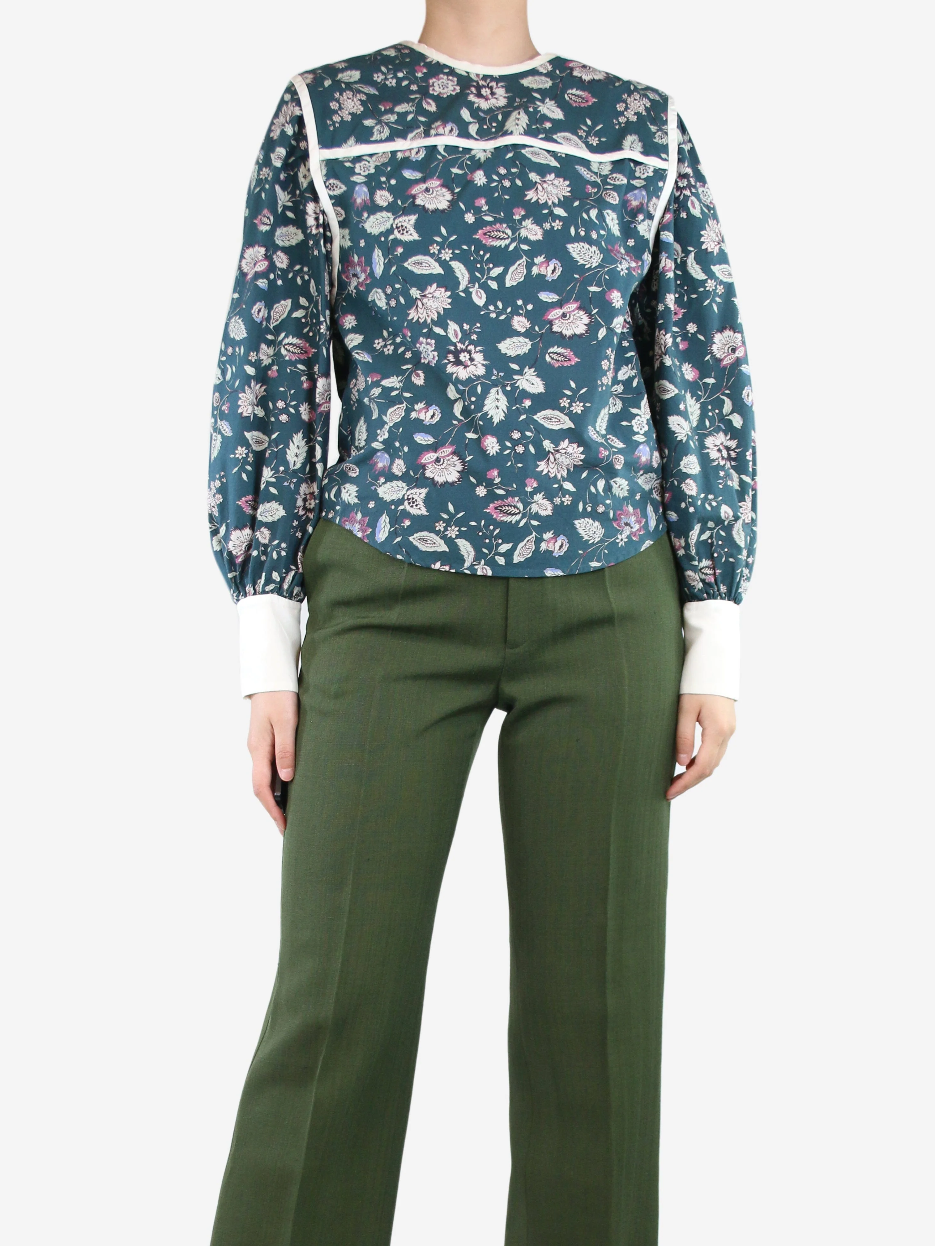 Dark green floral cotton poplin top - size UK 8 - Image 3