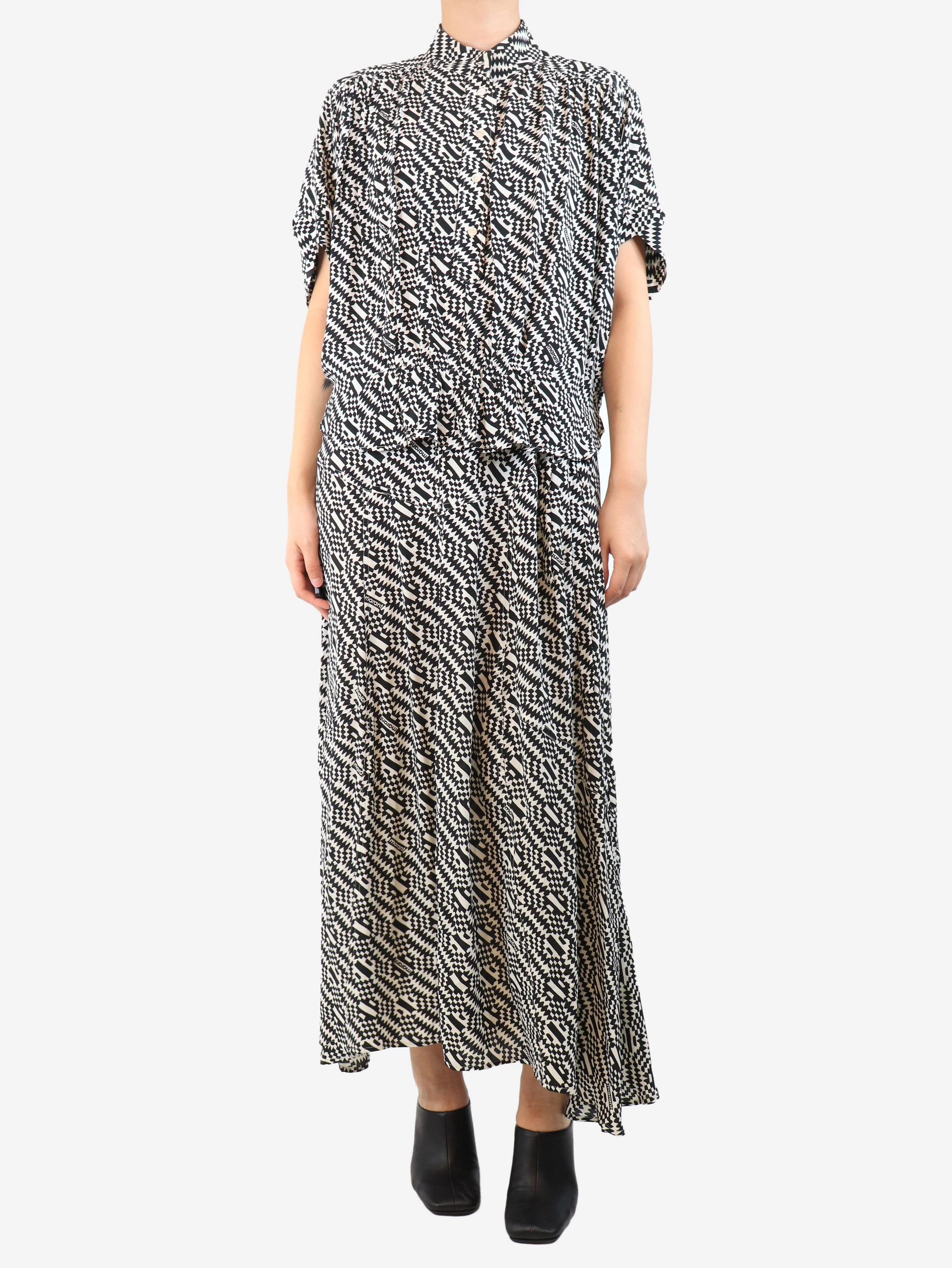 Black and white geometric-print shirt and midi skirt - size UK 10