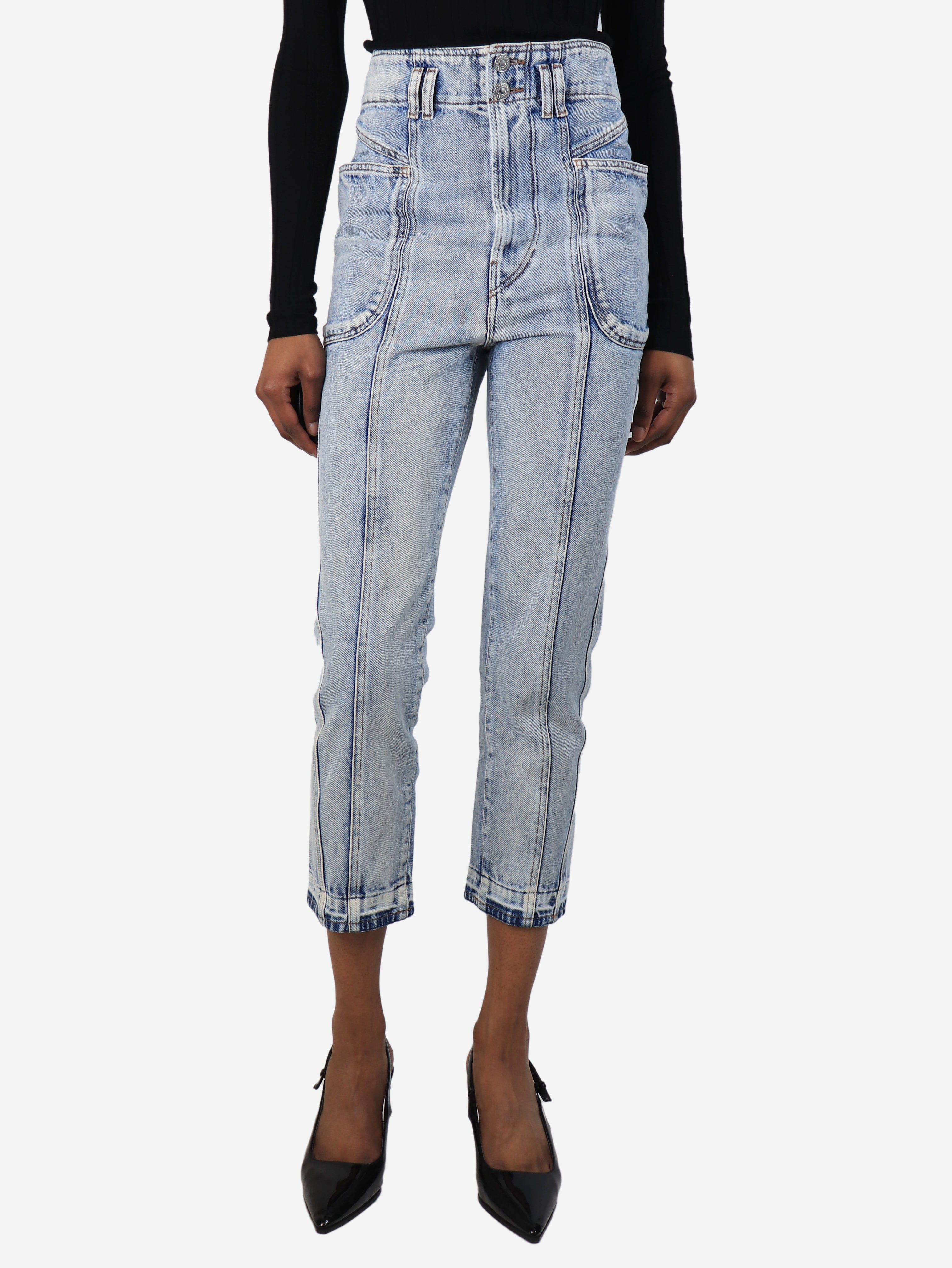 Blue bleached panel jeans - size UK 6