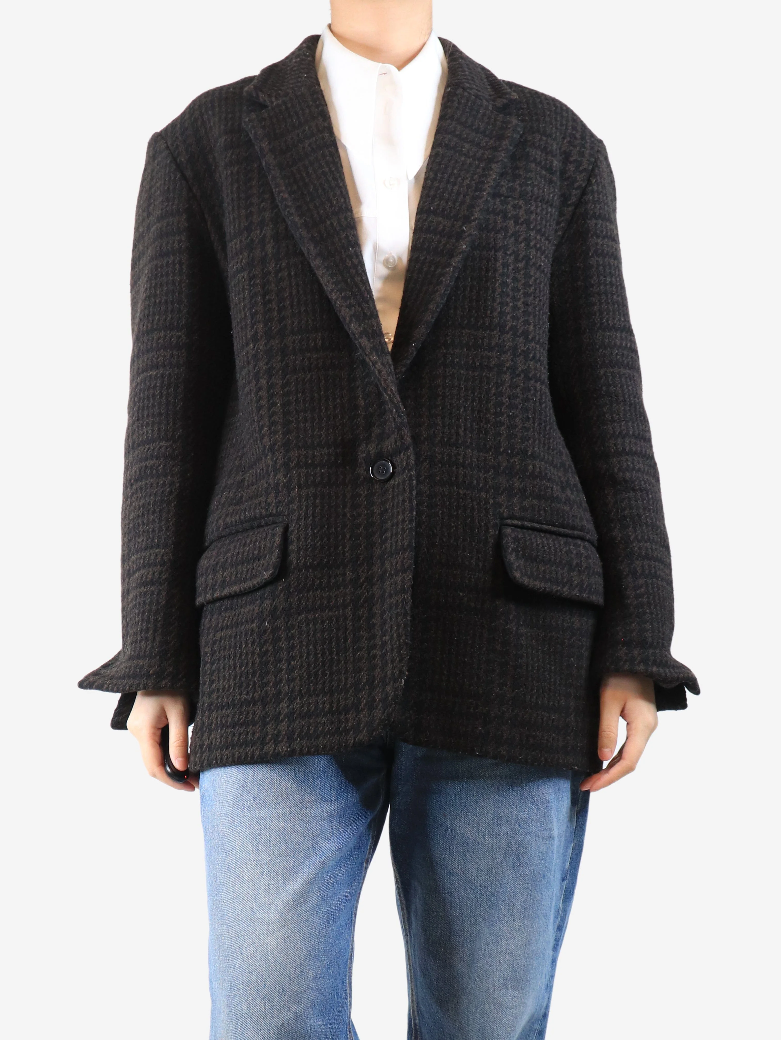 Brown houndstooth wool-blend jacket - size UK 12