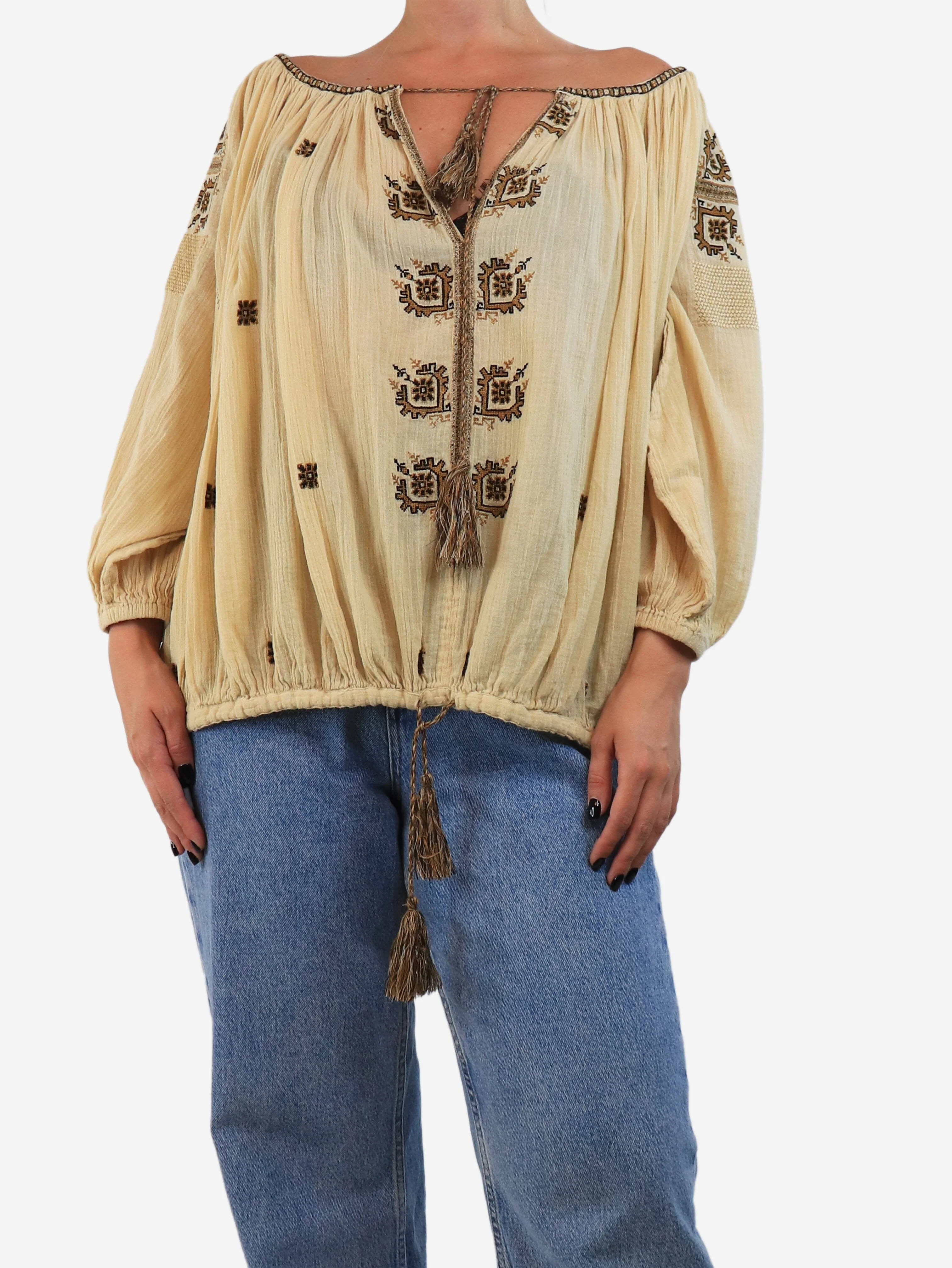 Pale yellow embroidered peasant blouse - size UK 8