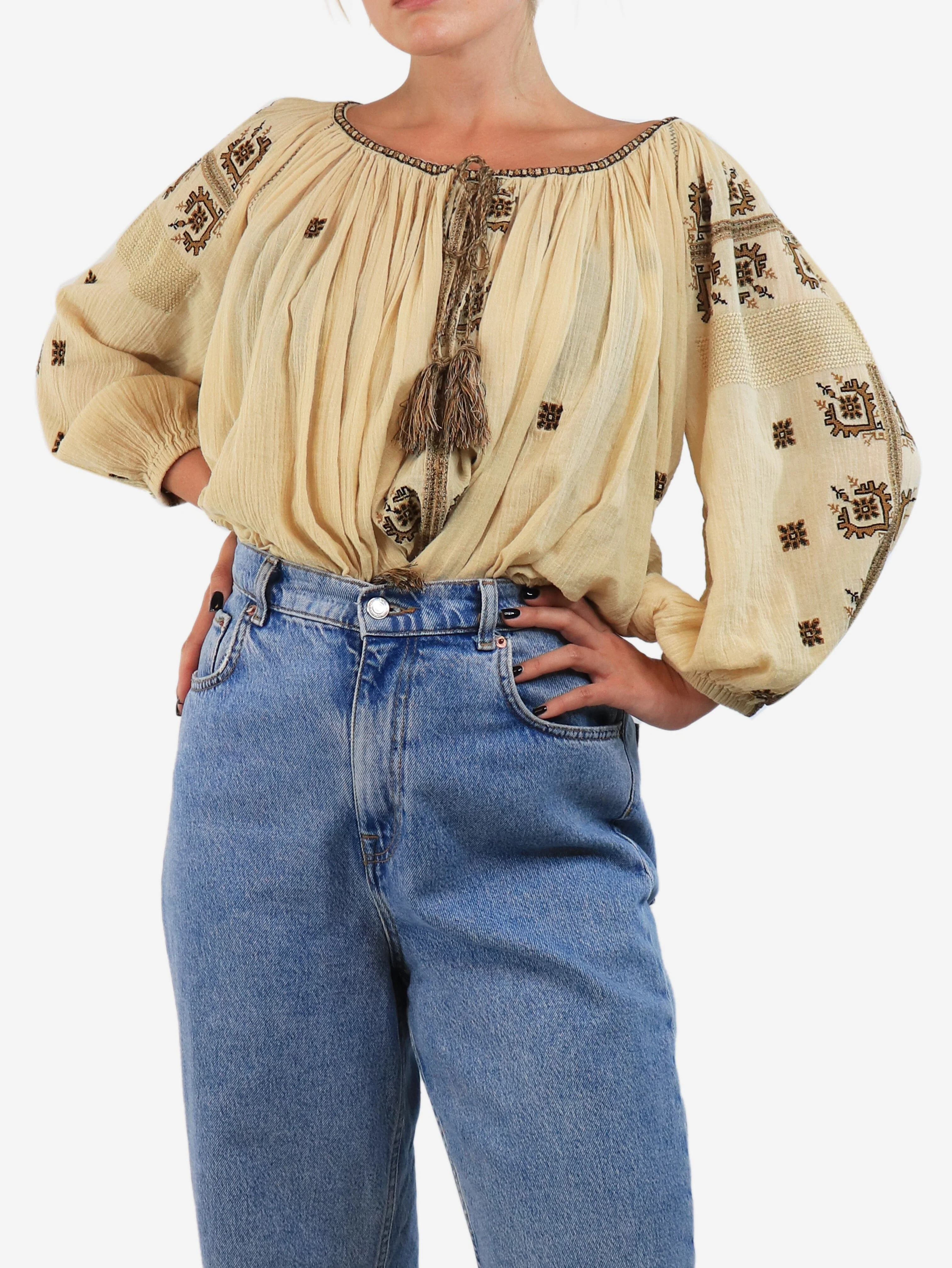 Pale yellow embroidered peasant blouse - size UK 8 - Image 3