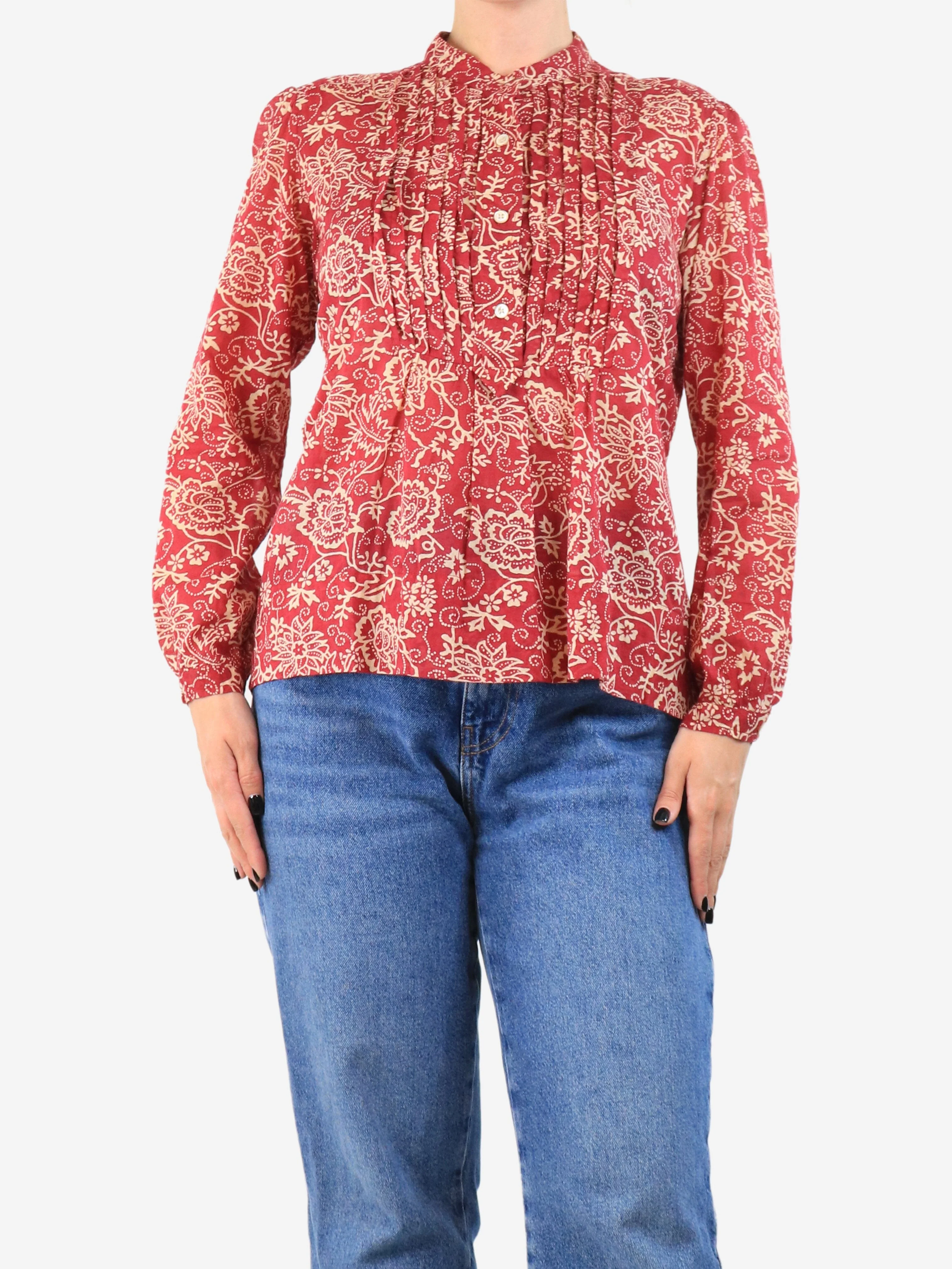 Red and beige floral printed blouse - size UK 12