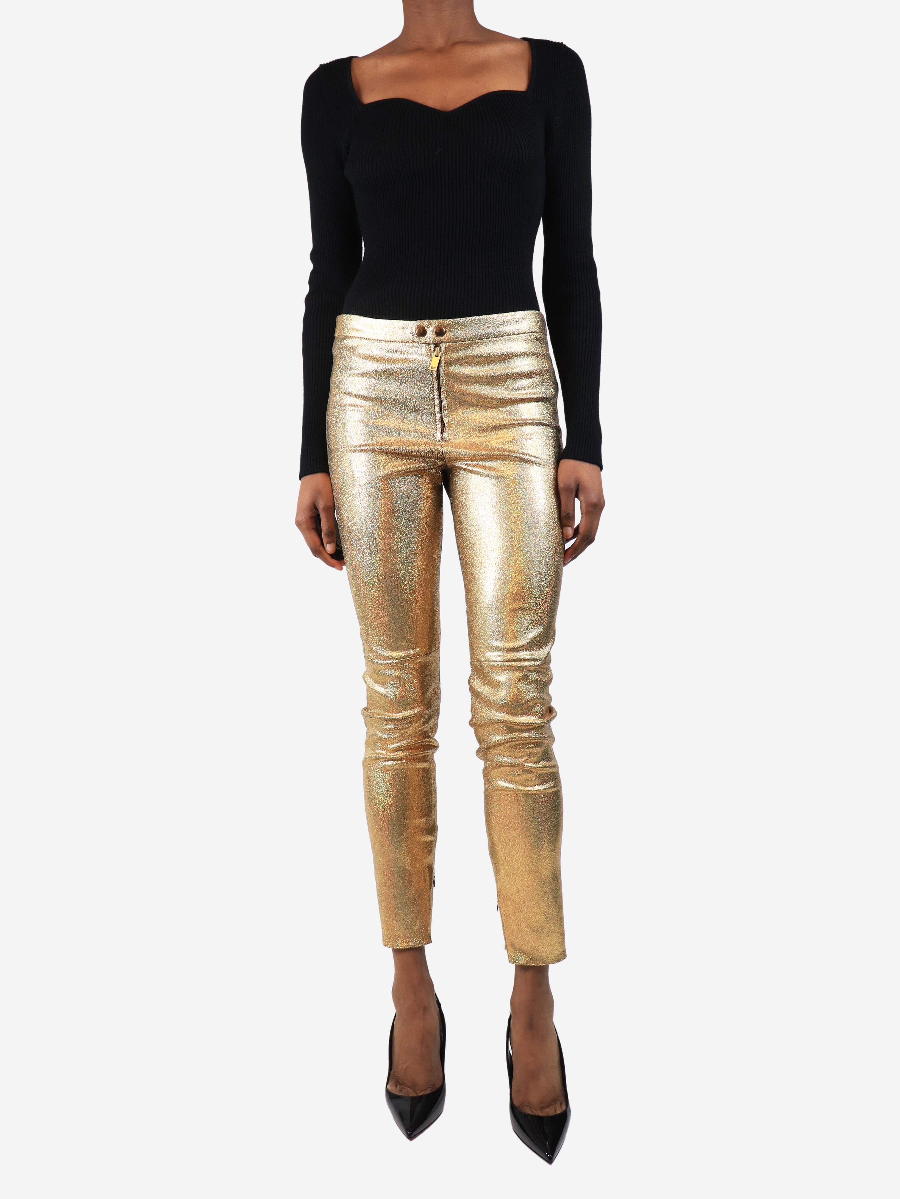 Gold metallic glittery leather trousers - size UK 10 - Image 2