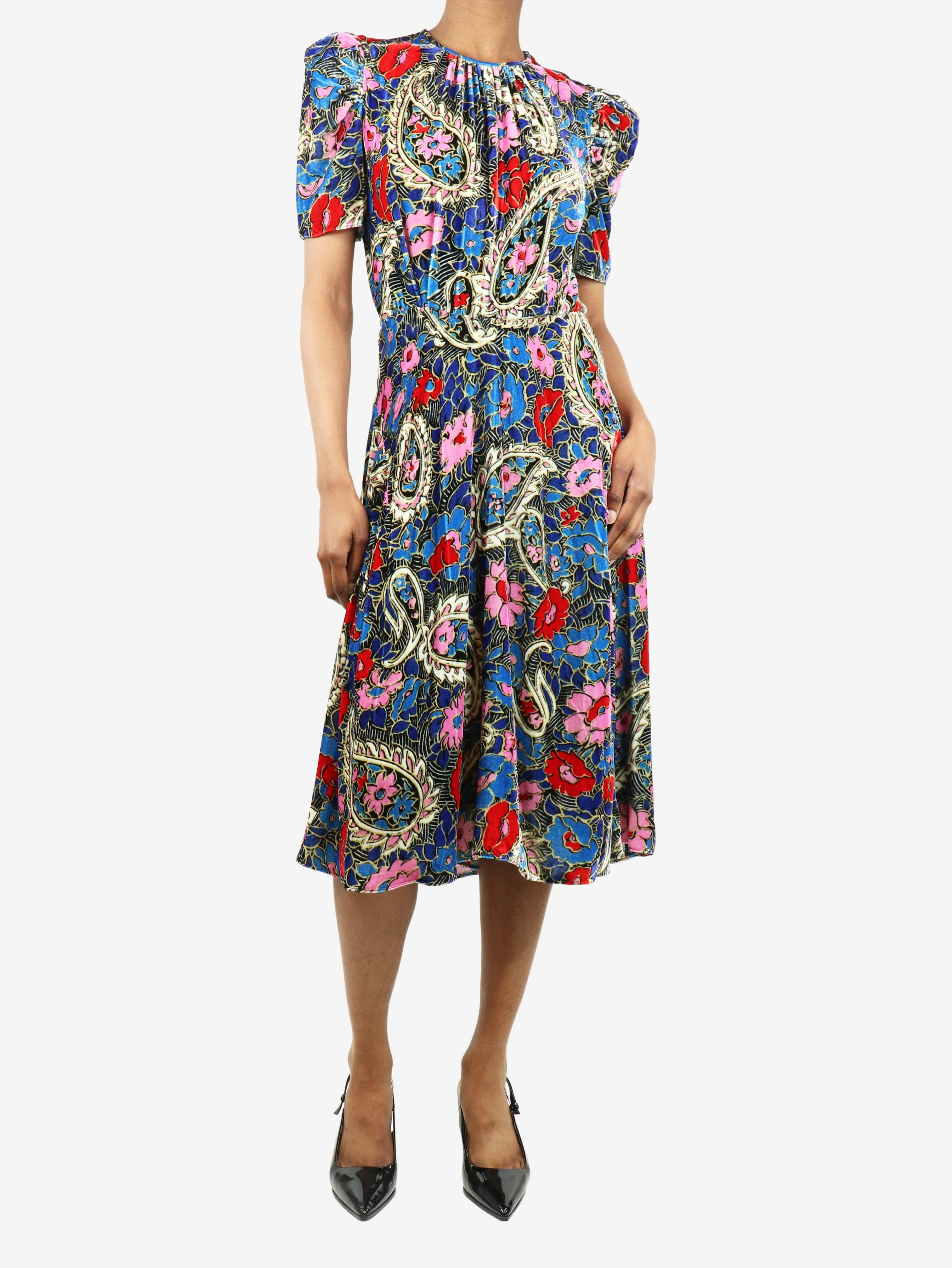 Multi floral-printed velvet midi dress - size UK 6
