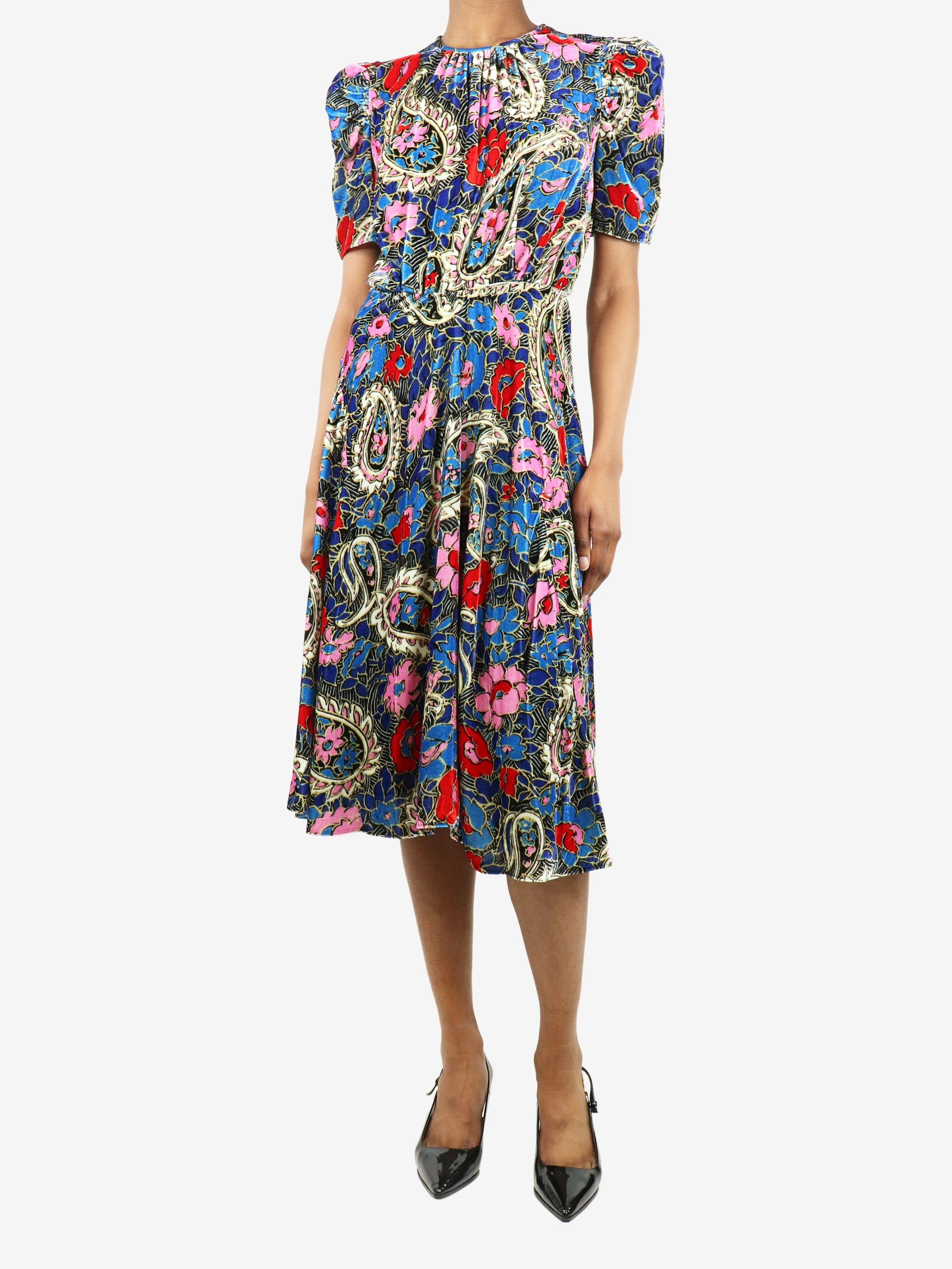 Multi floral-printed velvet midi dress - size UK 6 - Image 3