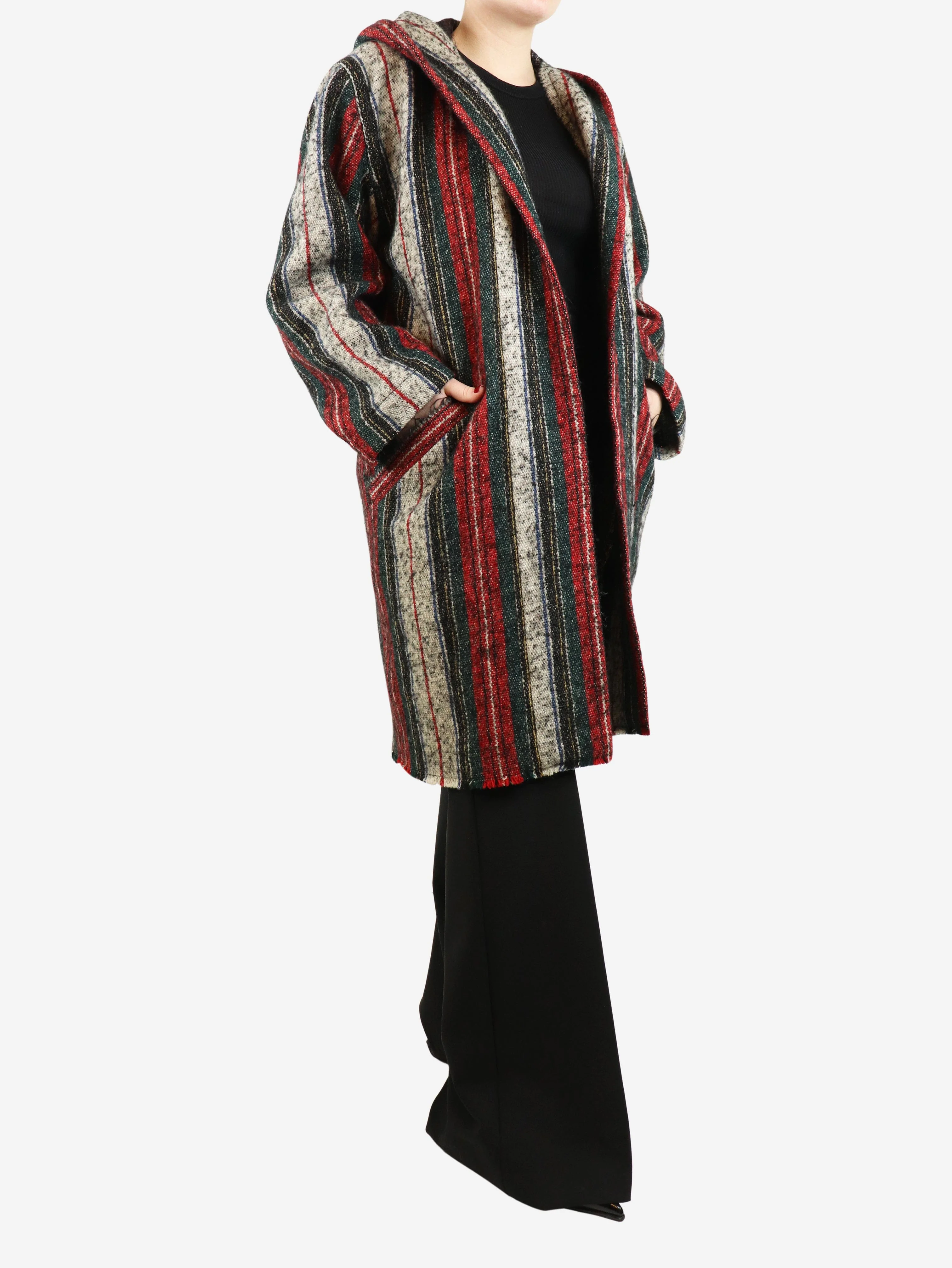Multicolour striped wool-blend hooded coat - size UK 6 - Image 3