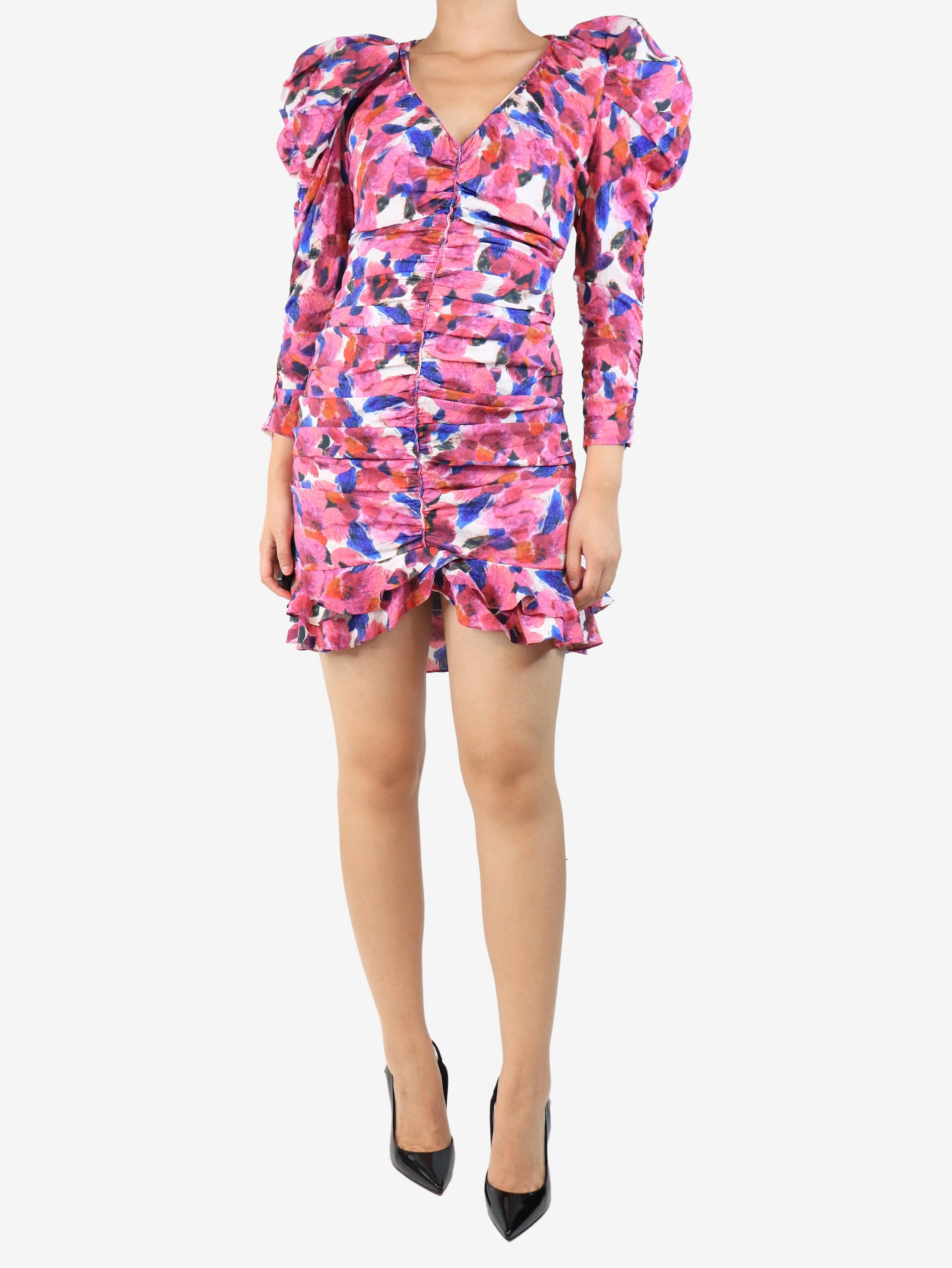 Pink printed ruched mini dress - size UK 10