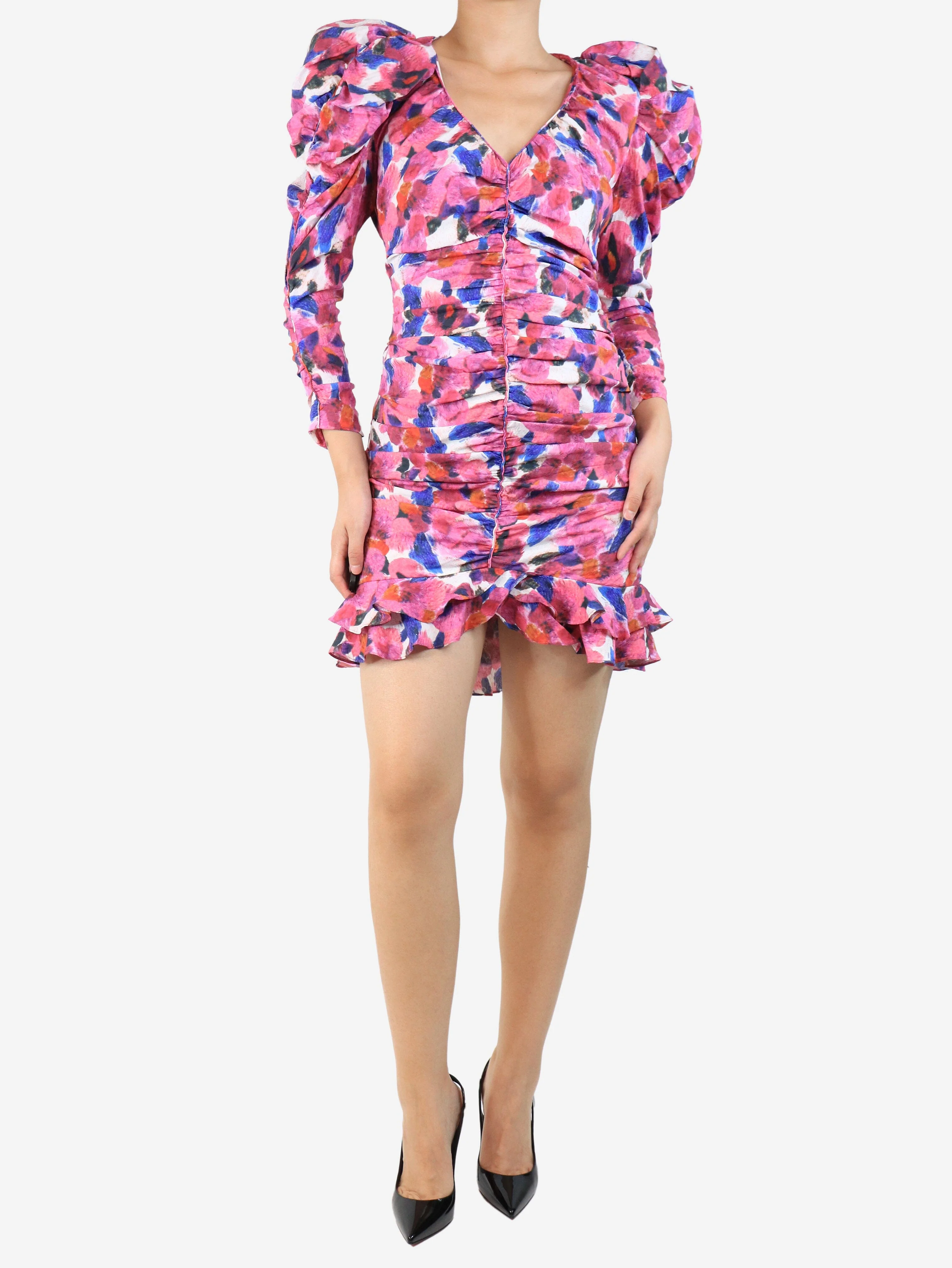 Pink printed ruched mini dress - size UK 10 - Image 2