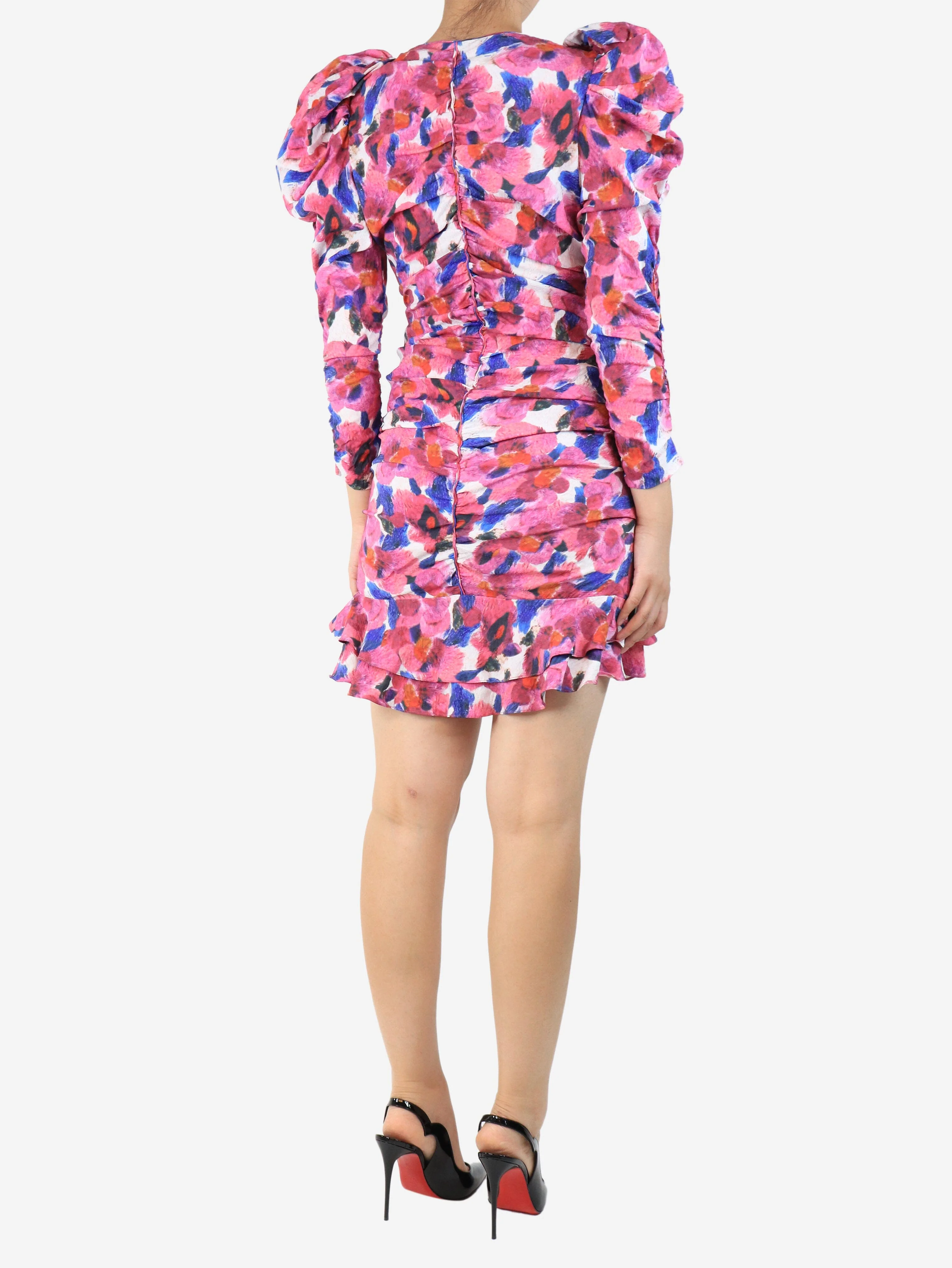 Pink printed ruched mini dress - size UK 10 - Image 3