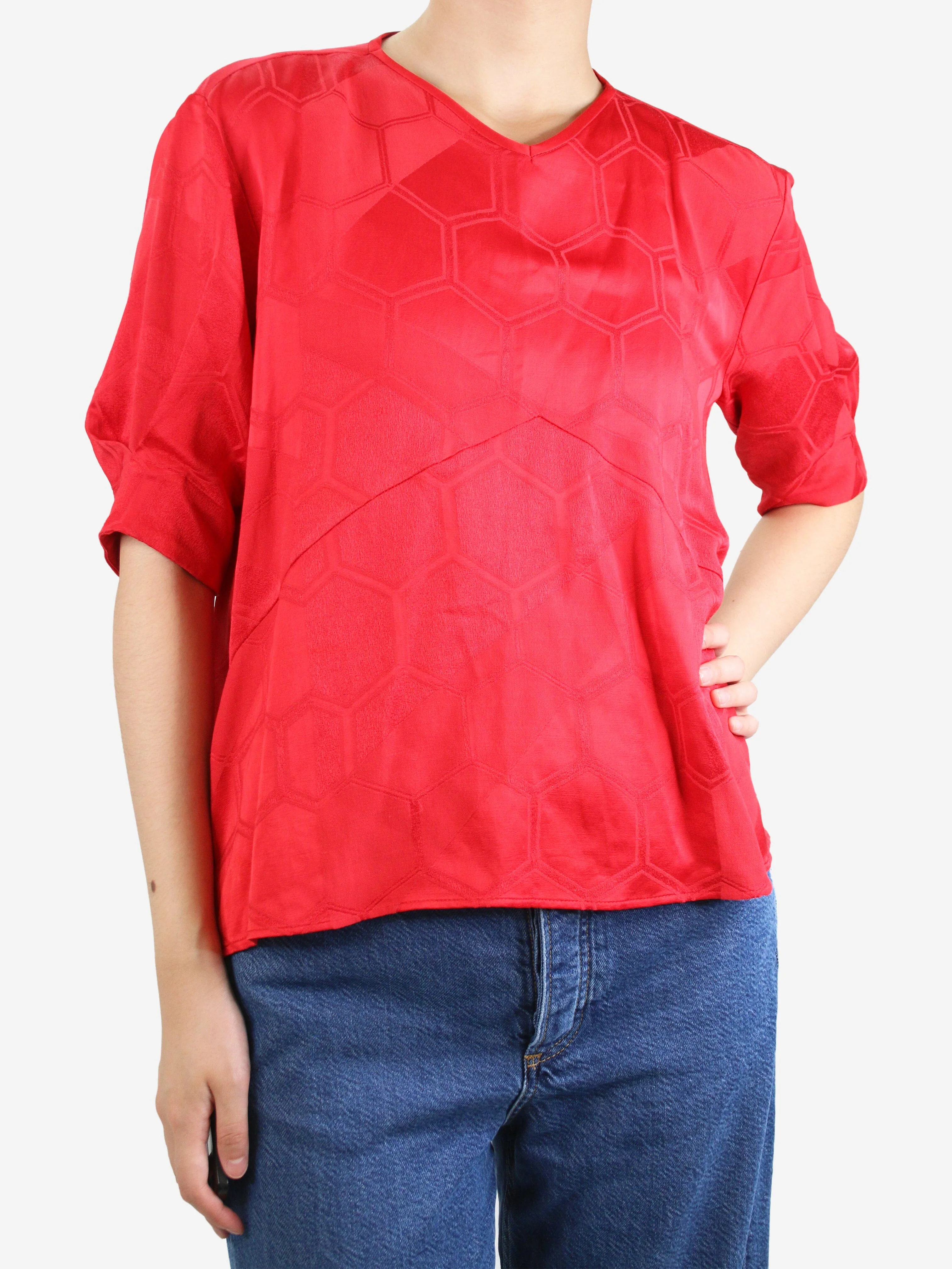 Red short-sleeved geometric top - size UK 10 - Image 3
