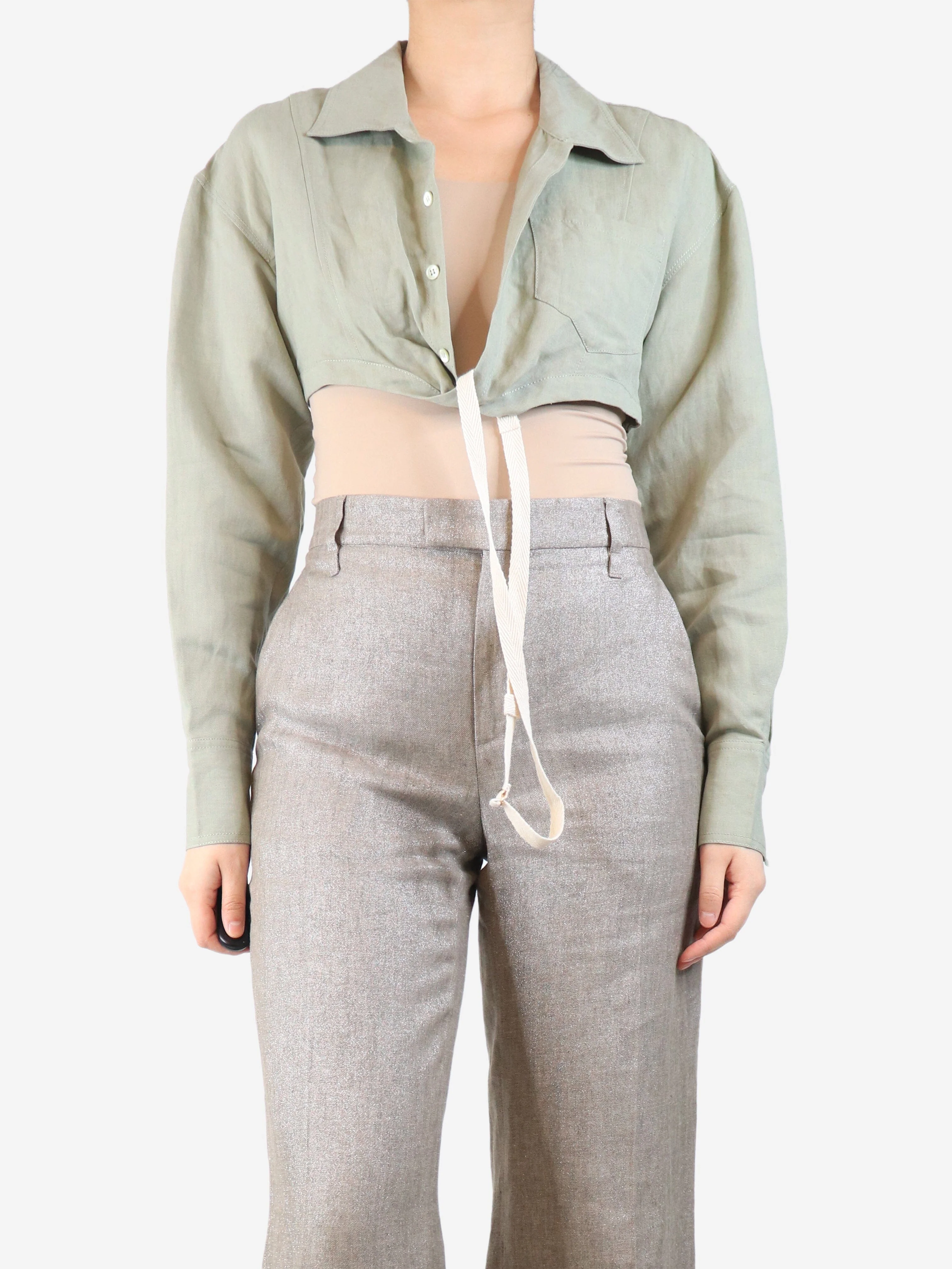 Green linen crop top - size UK 8