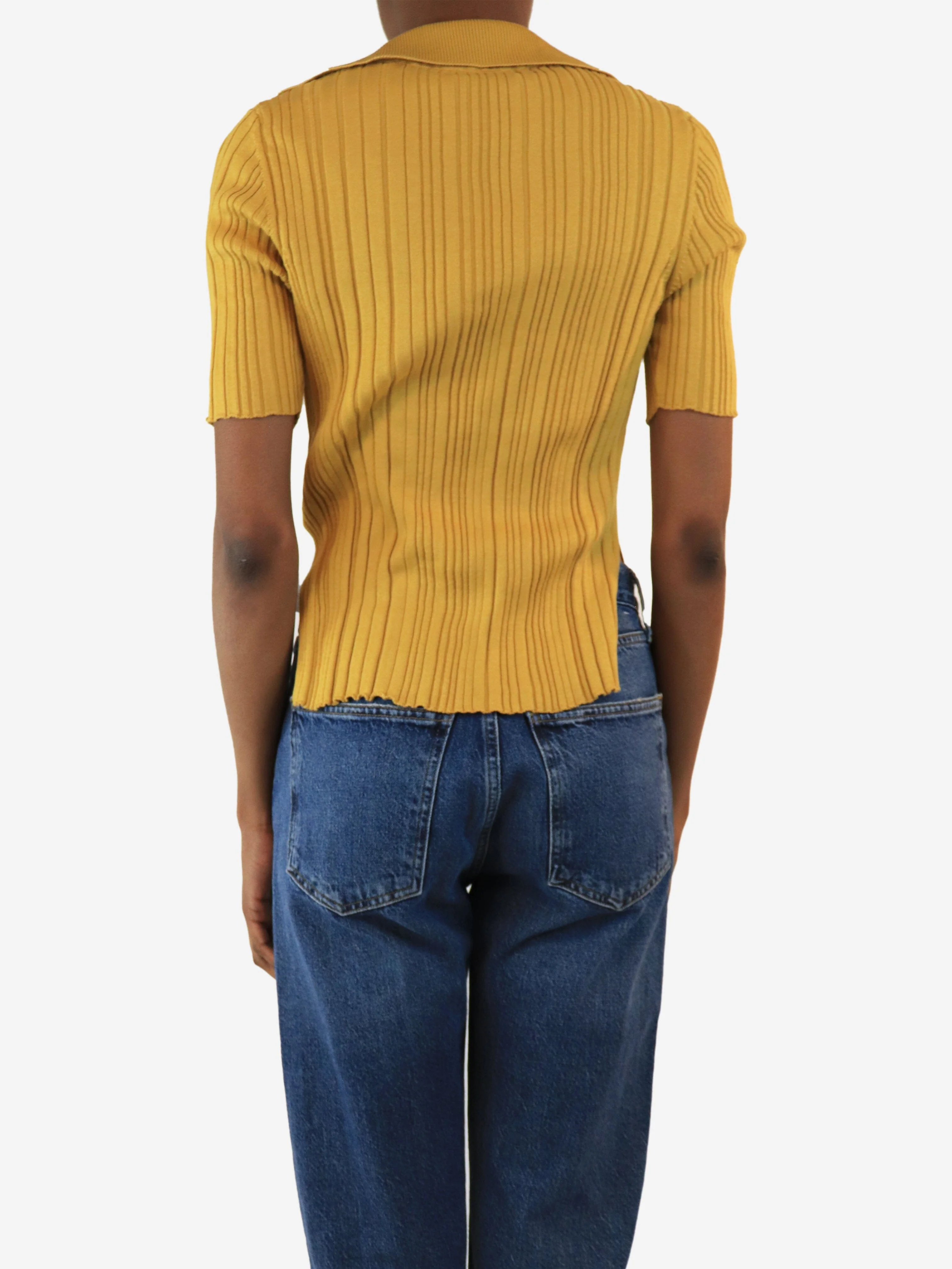 Mustard ribbed v-neck top - size UK 6 - Image 2