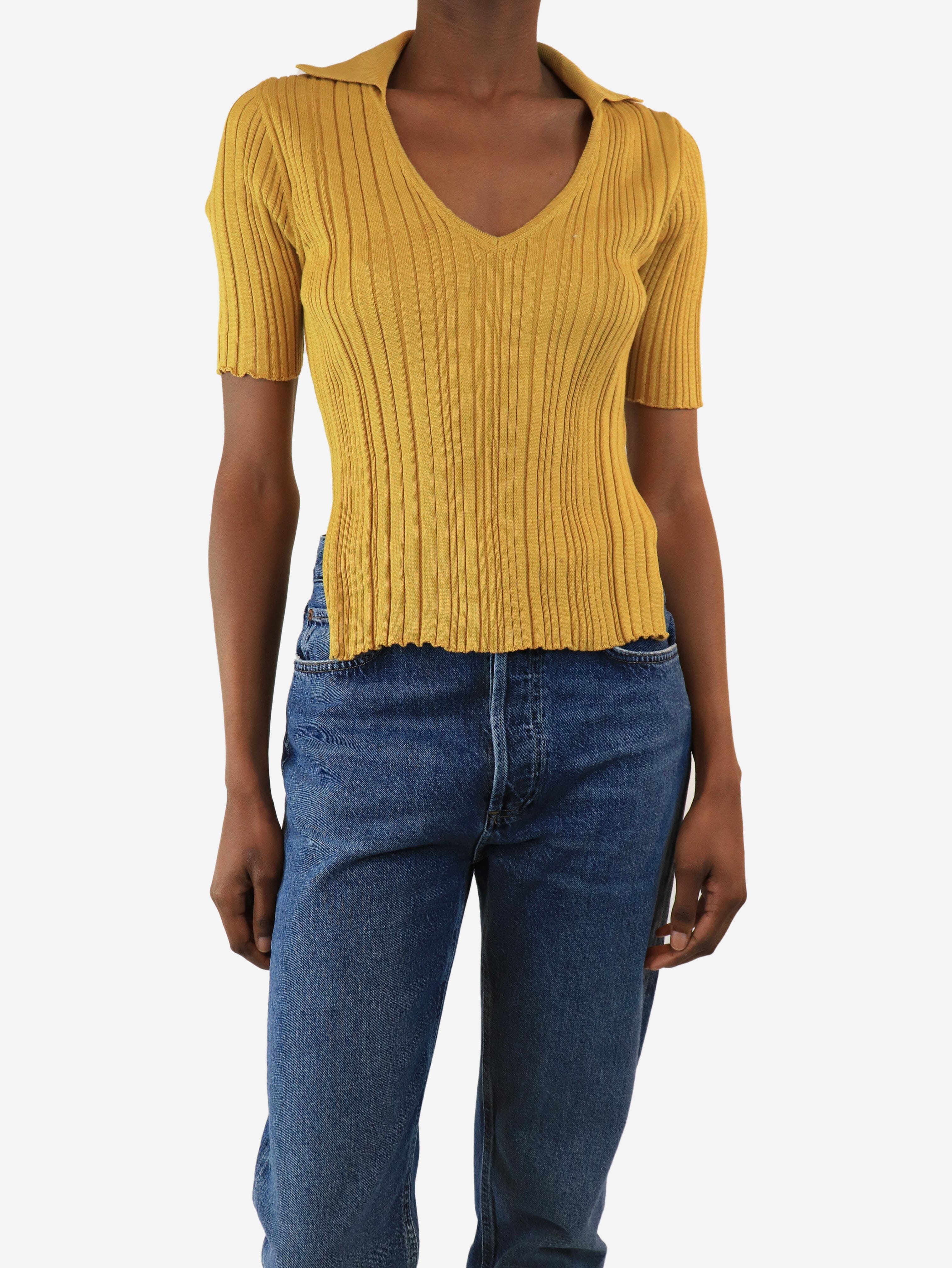 Mustard ribbed v-neck top - size UK 6 - Image 3