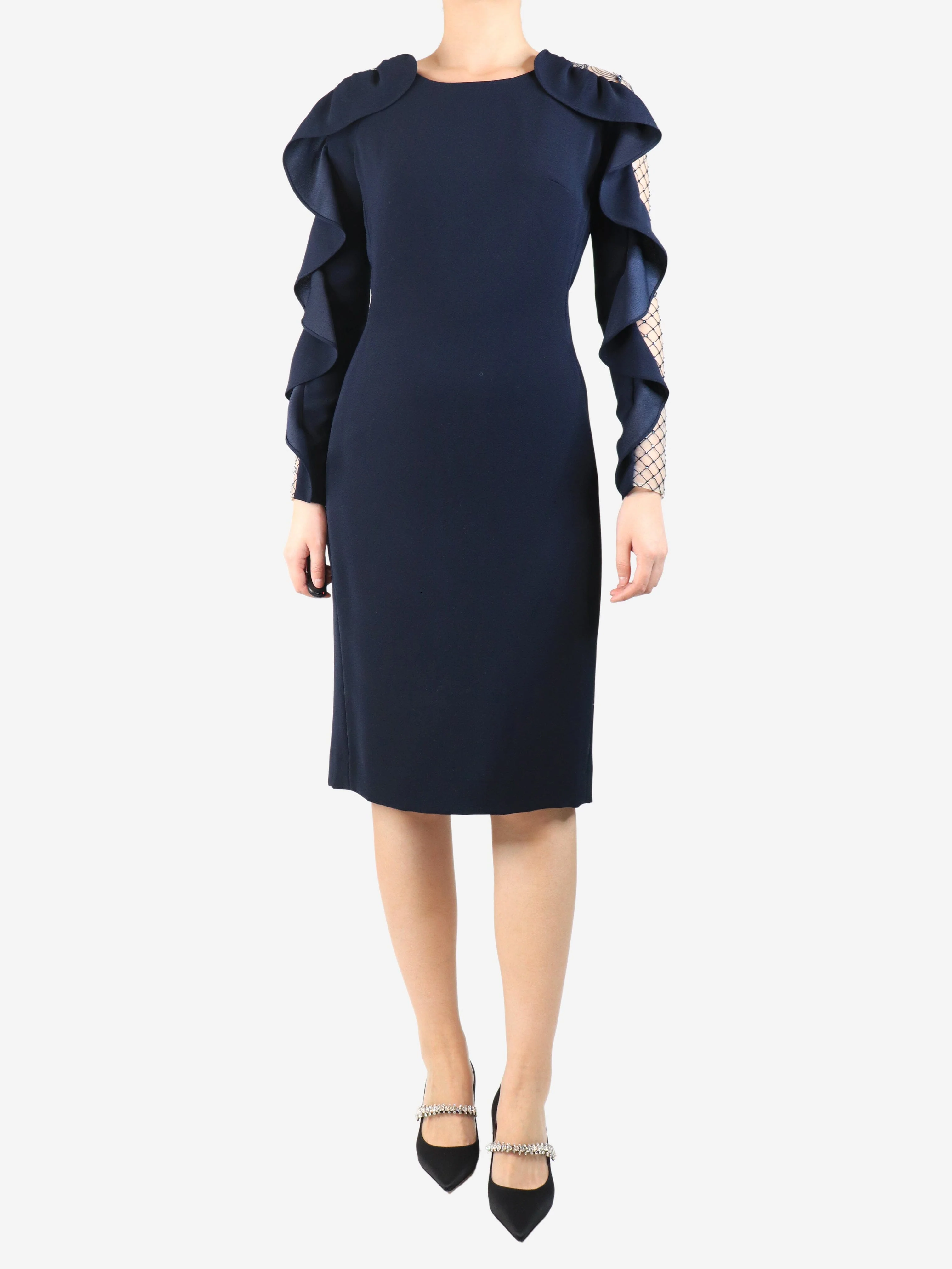 Navy blue ruffled midi dress - size UK 10