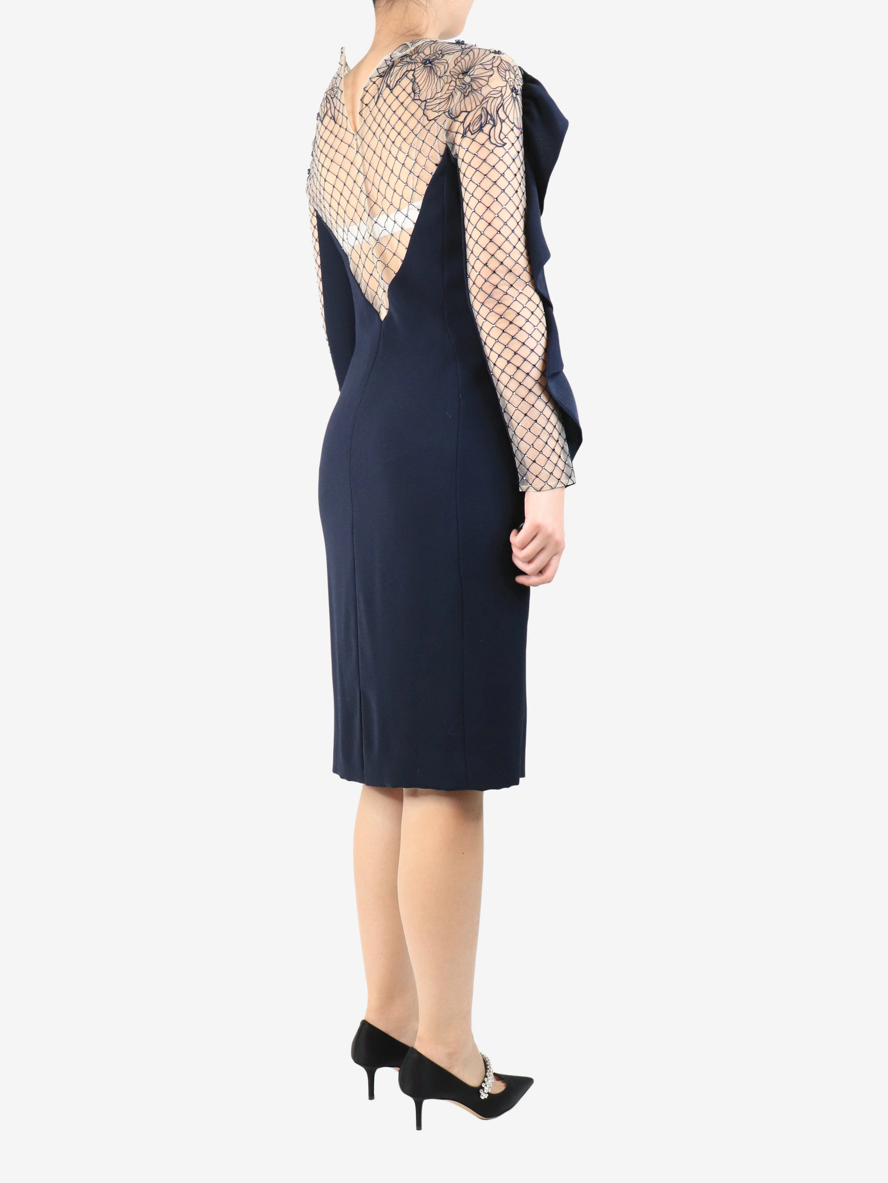 Navy blue ruffled midi dress - size UK 10 - Image 2
