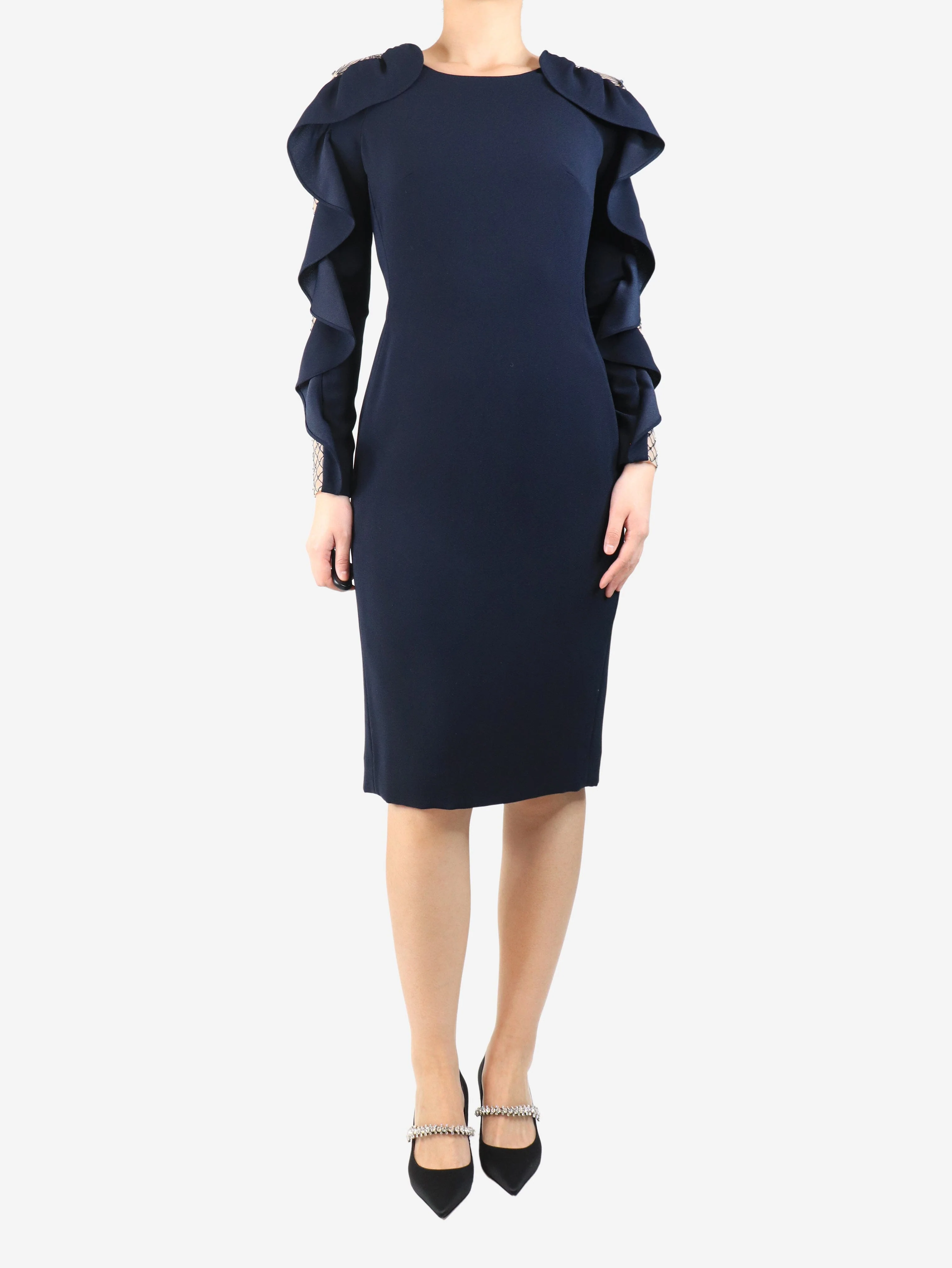 Navy blue ruffled midi dress - size UK 10 - Image 3