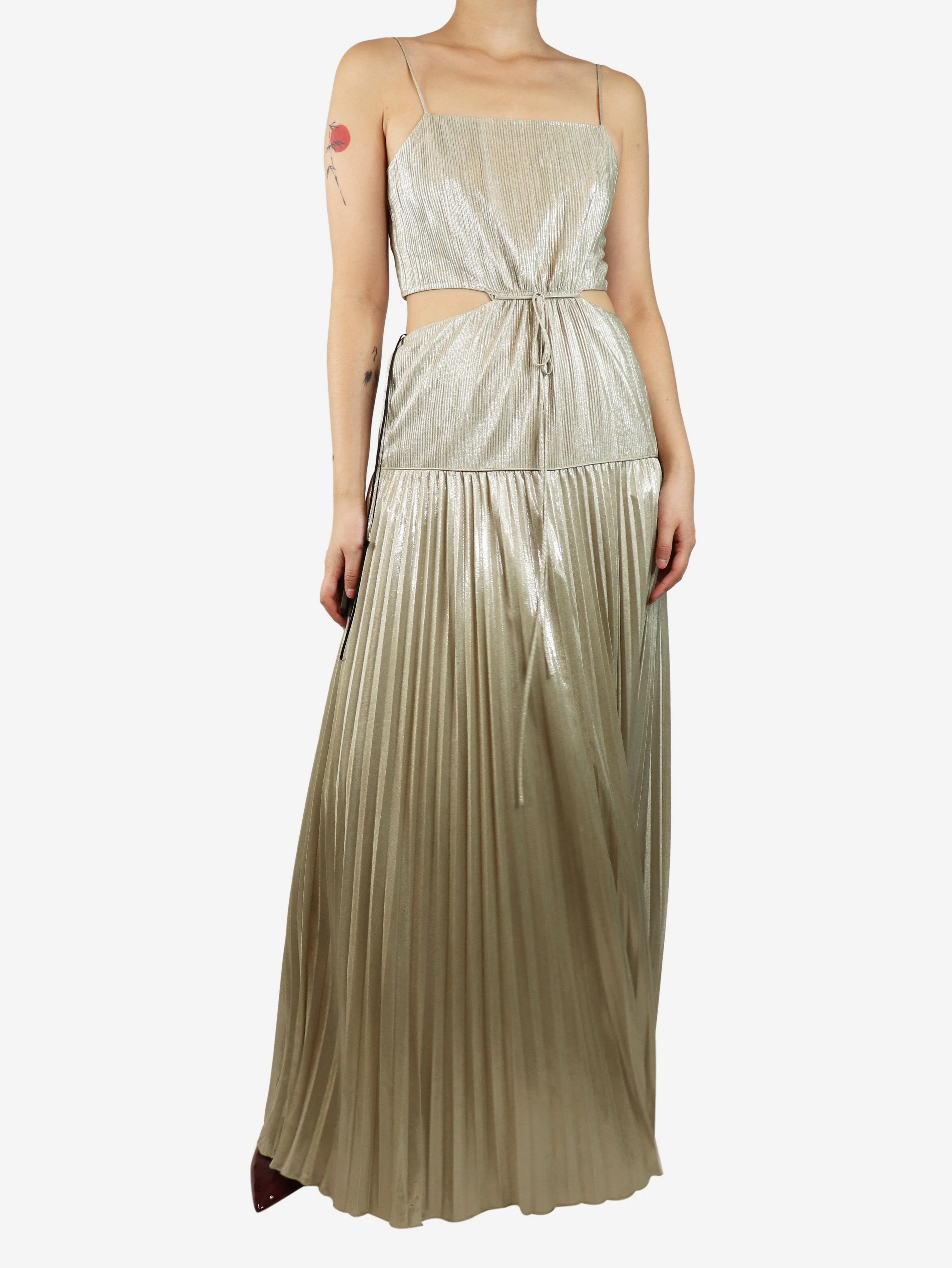 Neutral sparkly pleated maxi dress - size UK 12