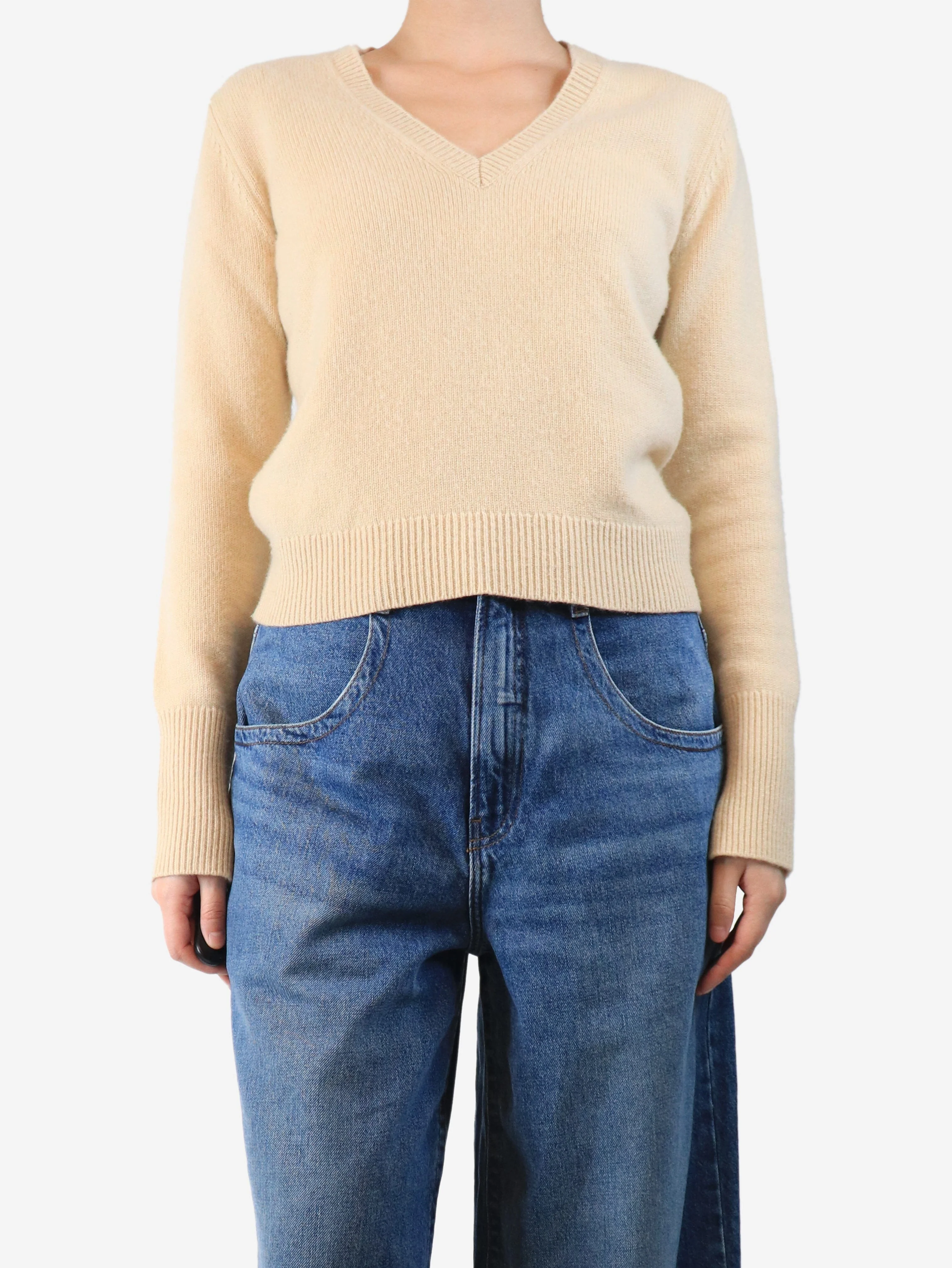 Beige cashmere v-neck jumper - size M
