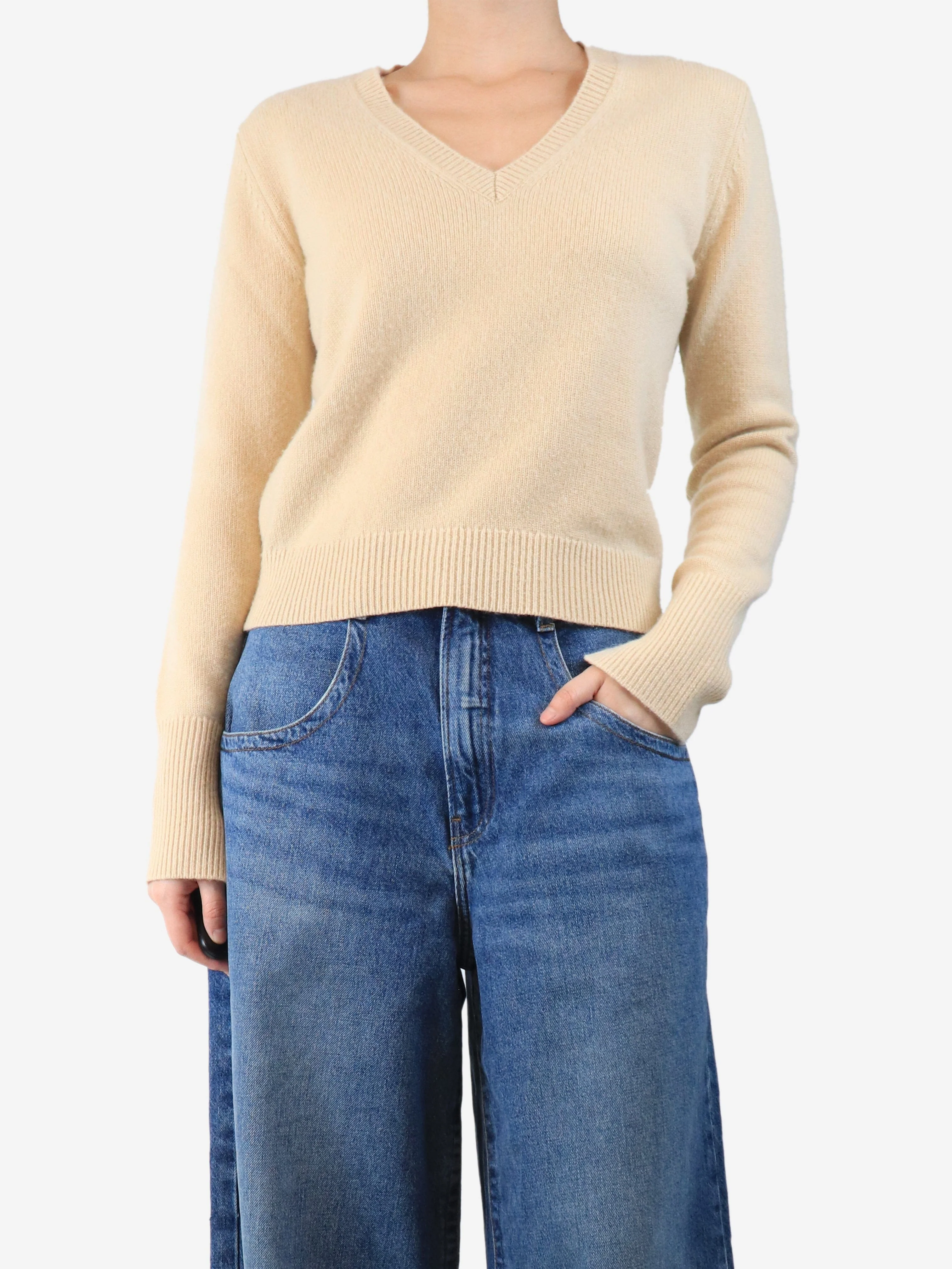 Beige cashmere v-neck jumper - size M - Image 3