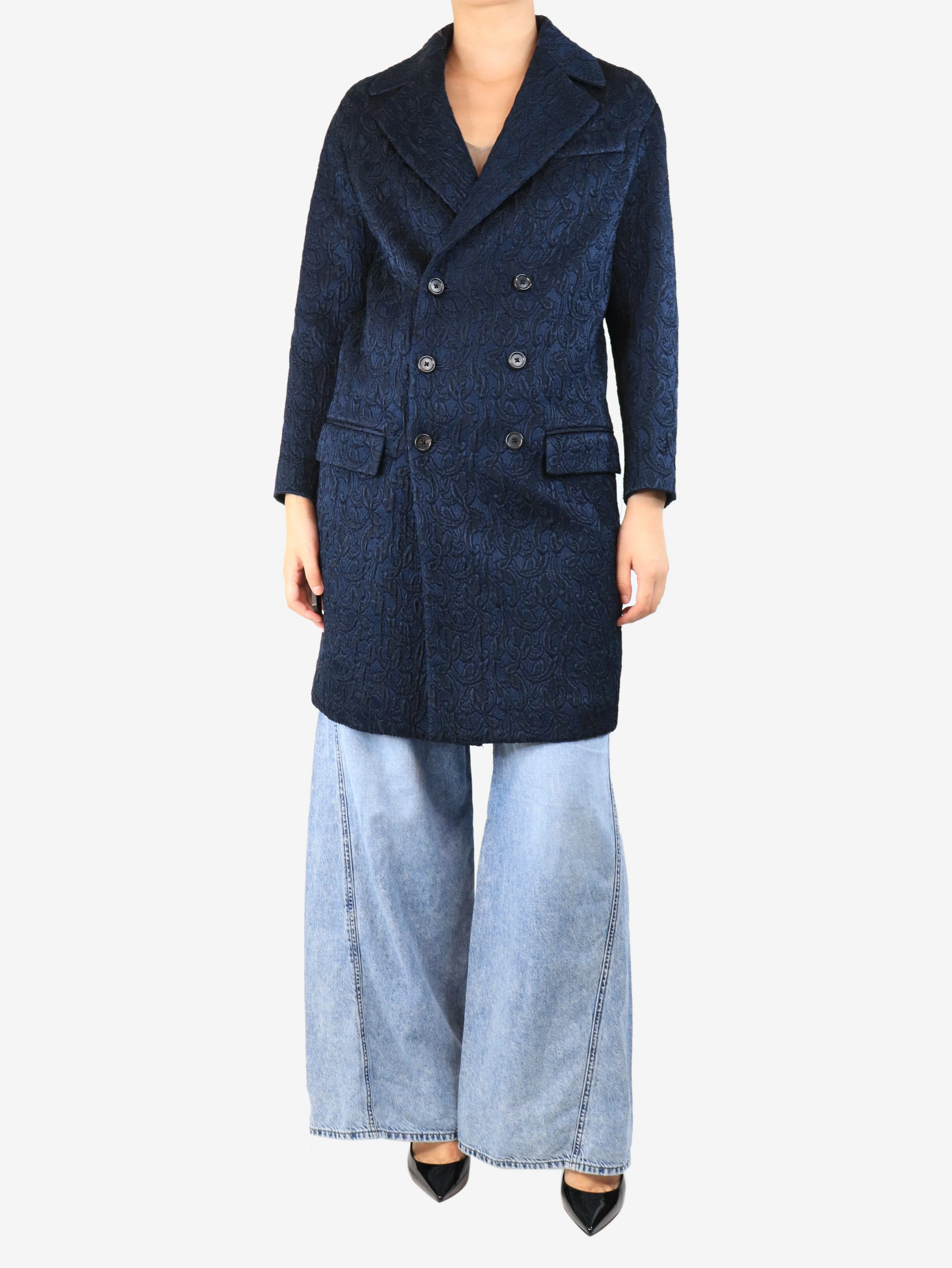 Dark blue brocade double-breasted coat - size UK 8