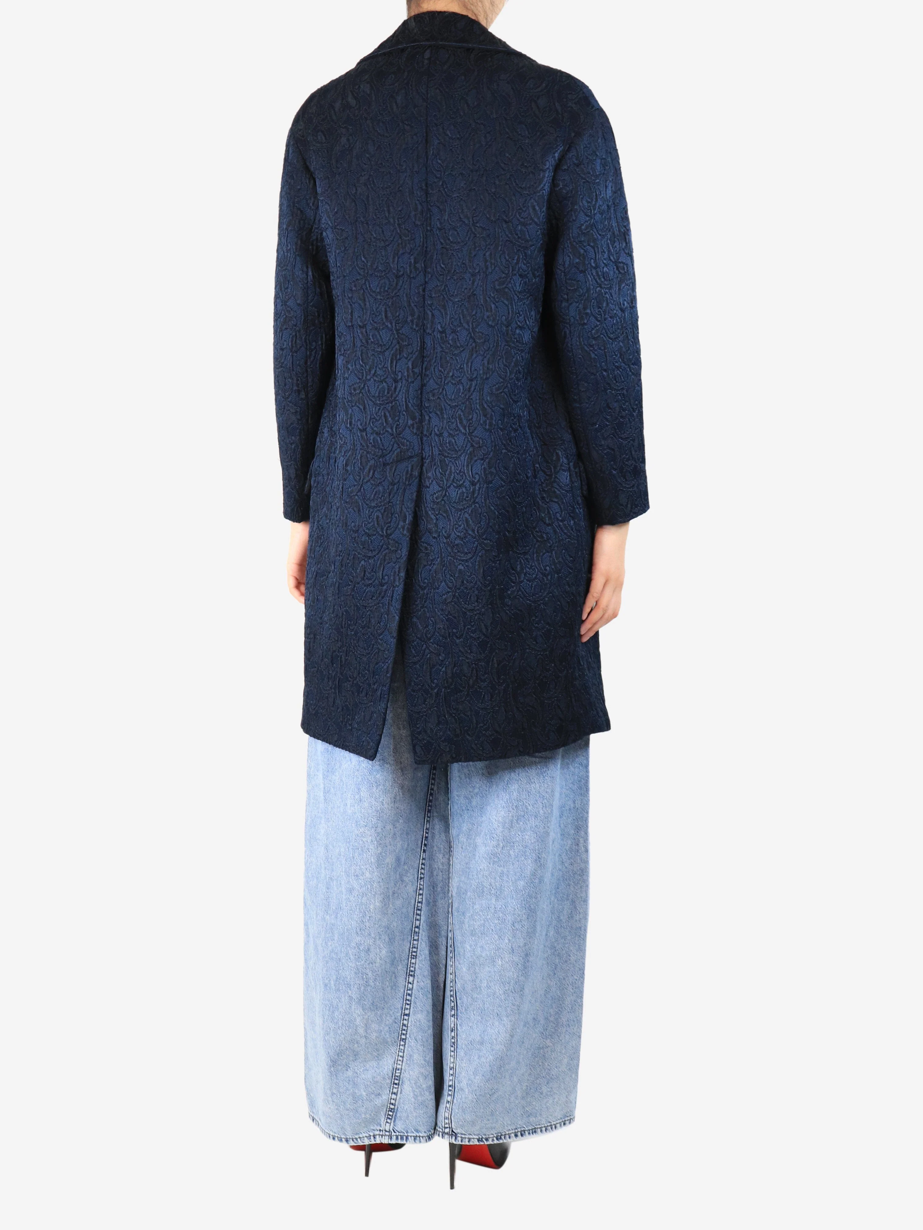 Dark blue brocade double-breasted coat - size UK 8 - Image 2
