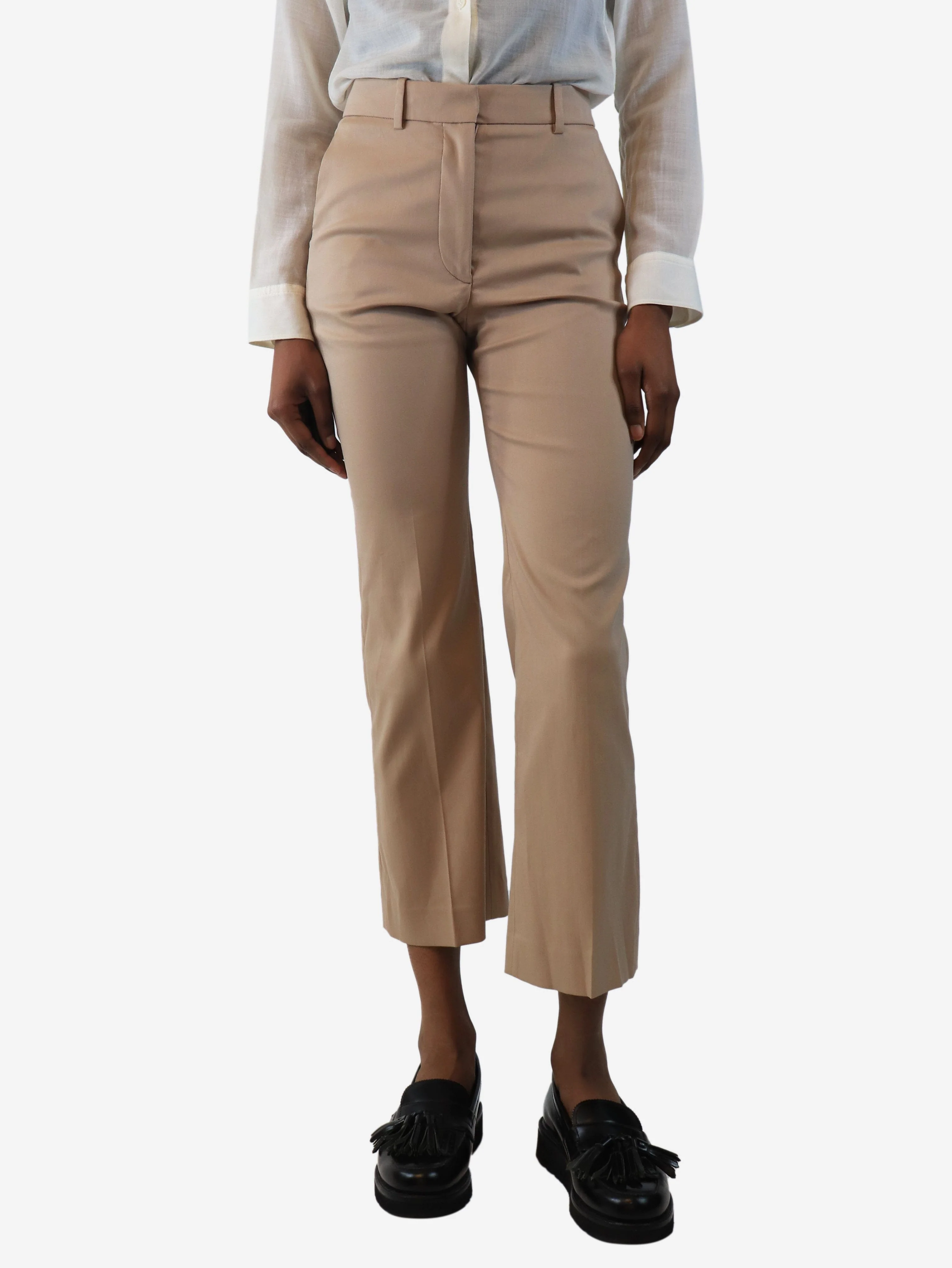 Neutral cotton-blend flared trousers - size UK 6
