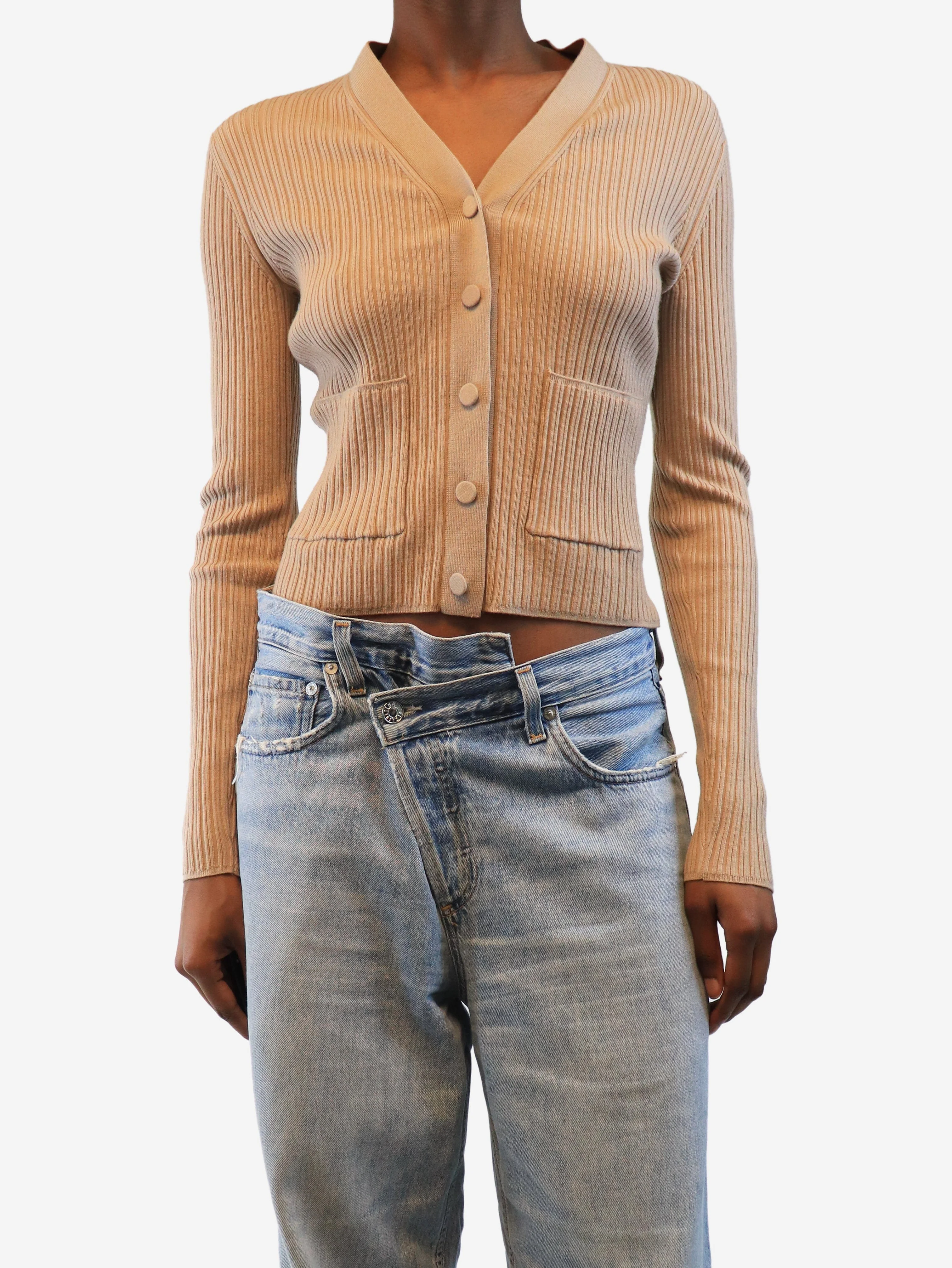 Beige ribbed knit cardigan - size XS