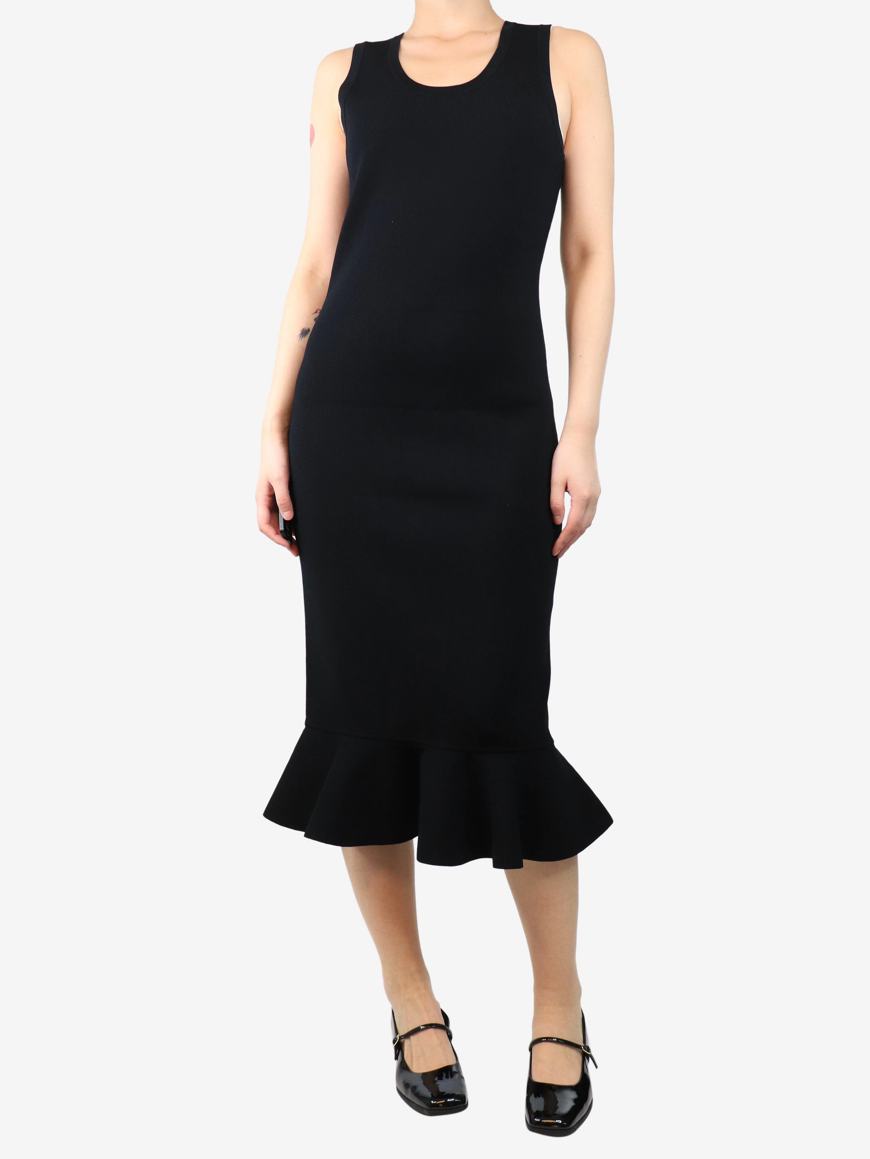 Black ruffled-trim midi dress - size M