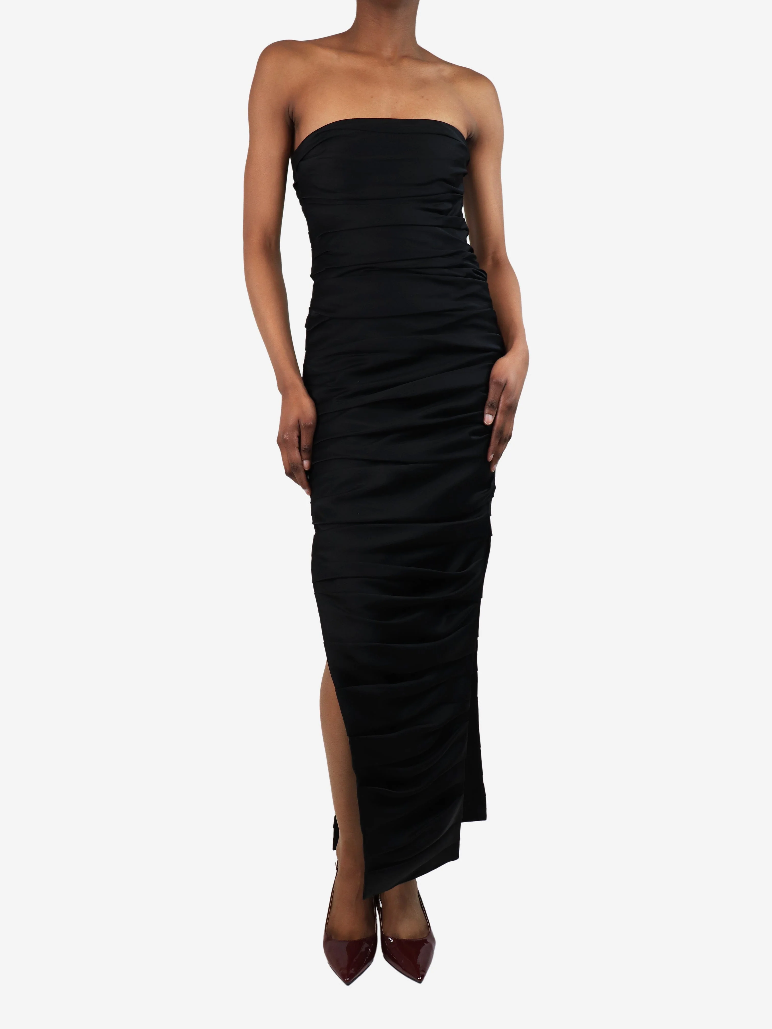 Black strapless ruched midi dress - size UK 6