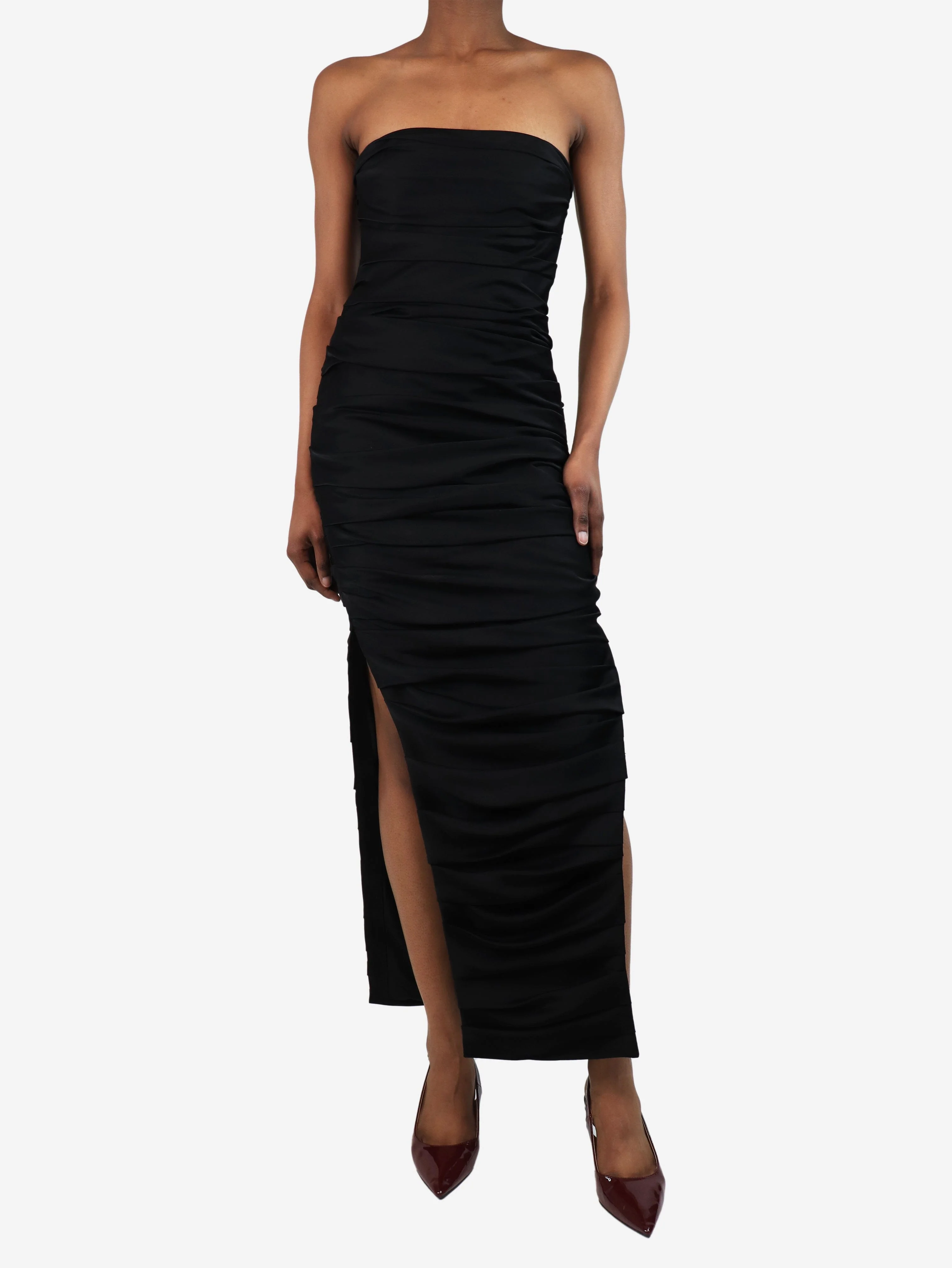 Black strapless ruched midi dress - size UK 6 - Image 3