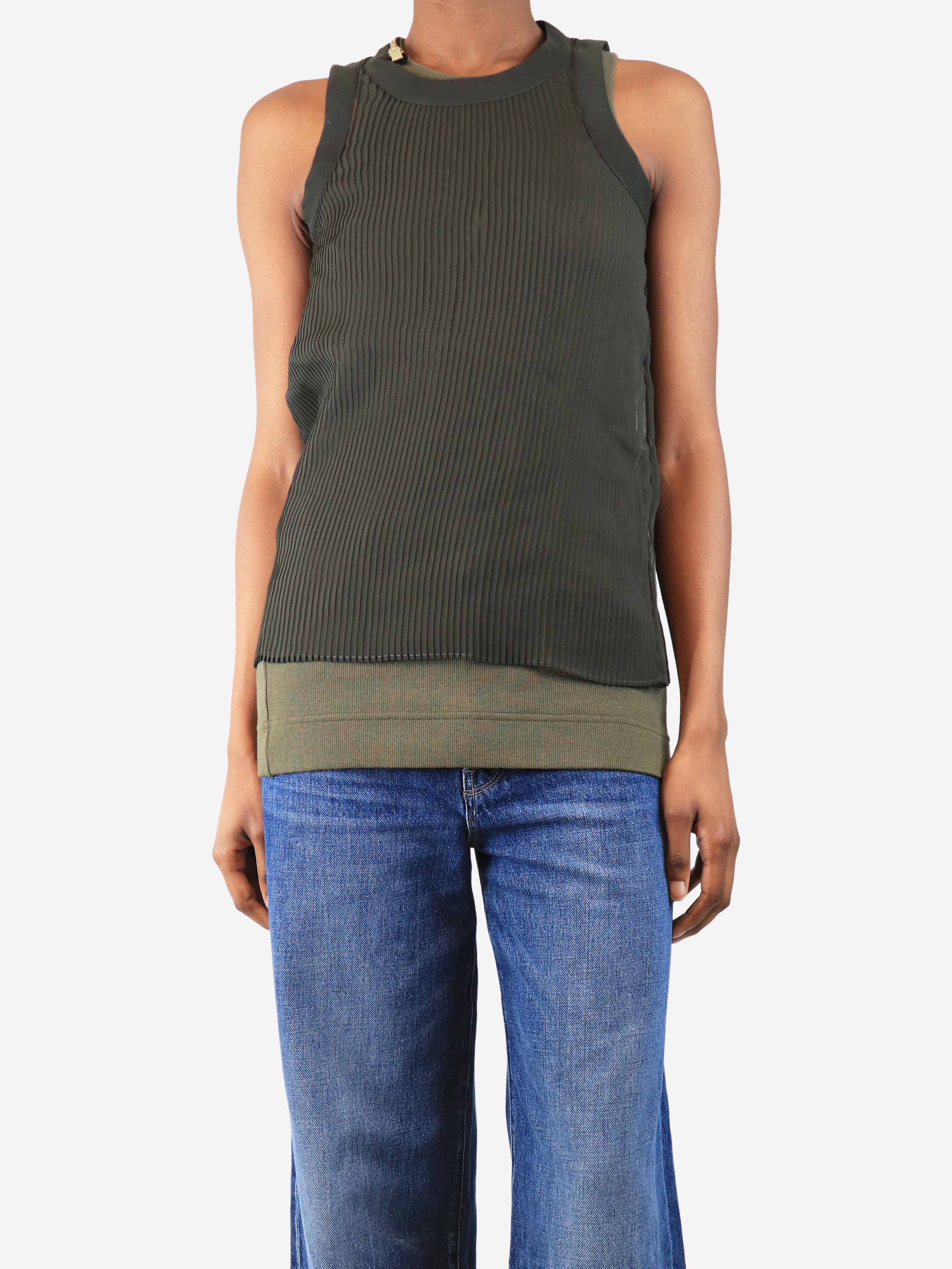 Khaki sleeveless pleated double-layer top - size UK 8
