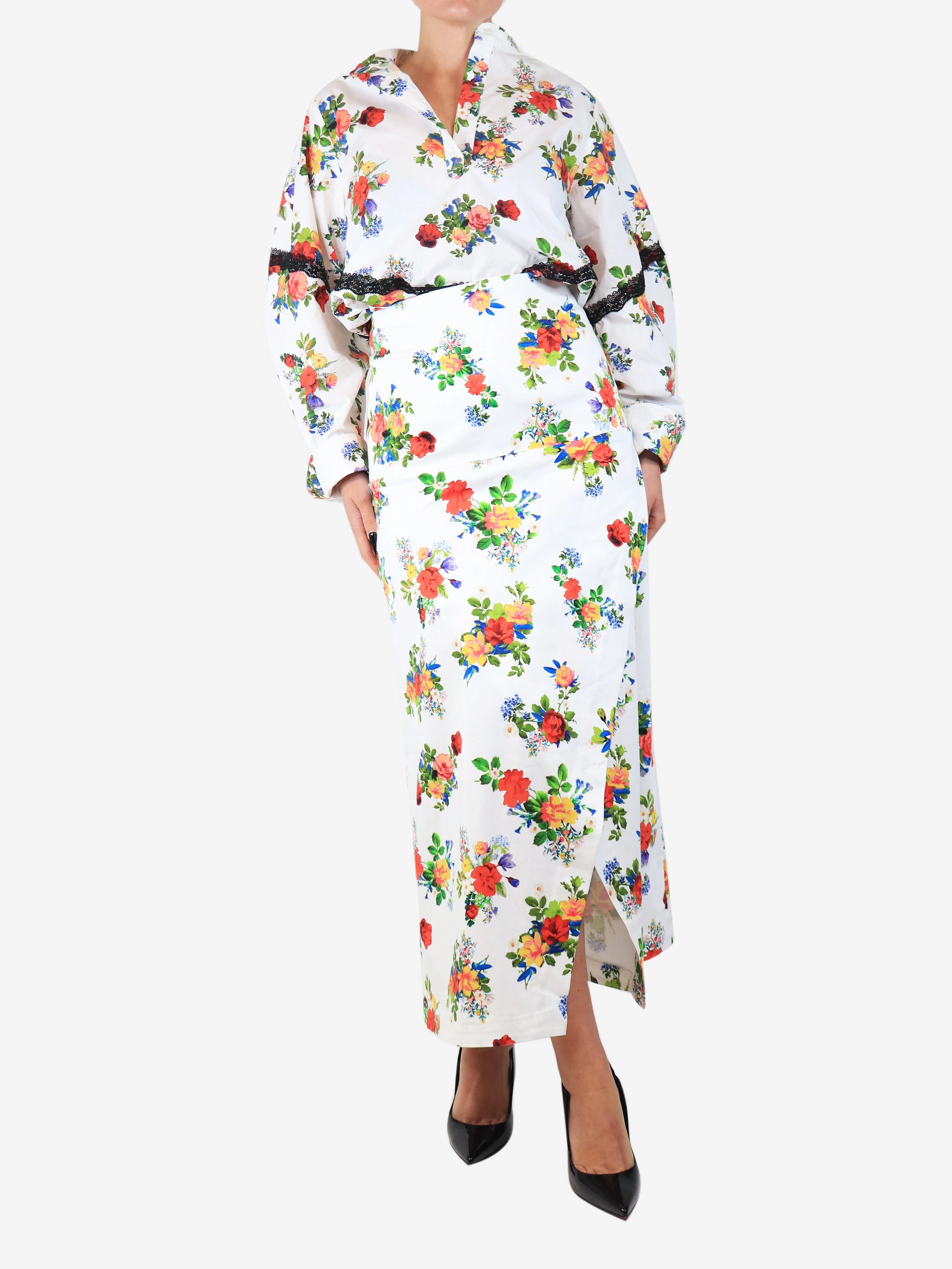 White floral shirt and skirt set - size S - Image 3