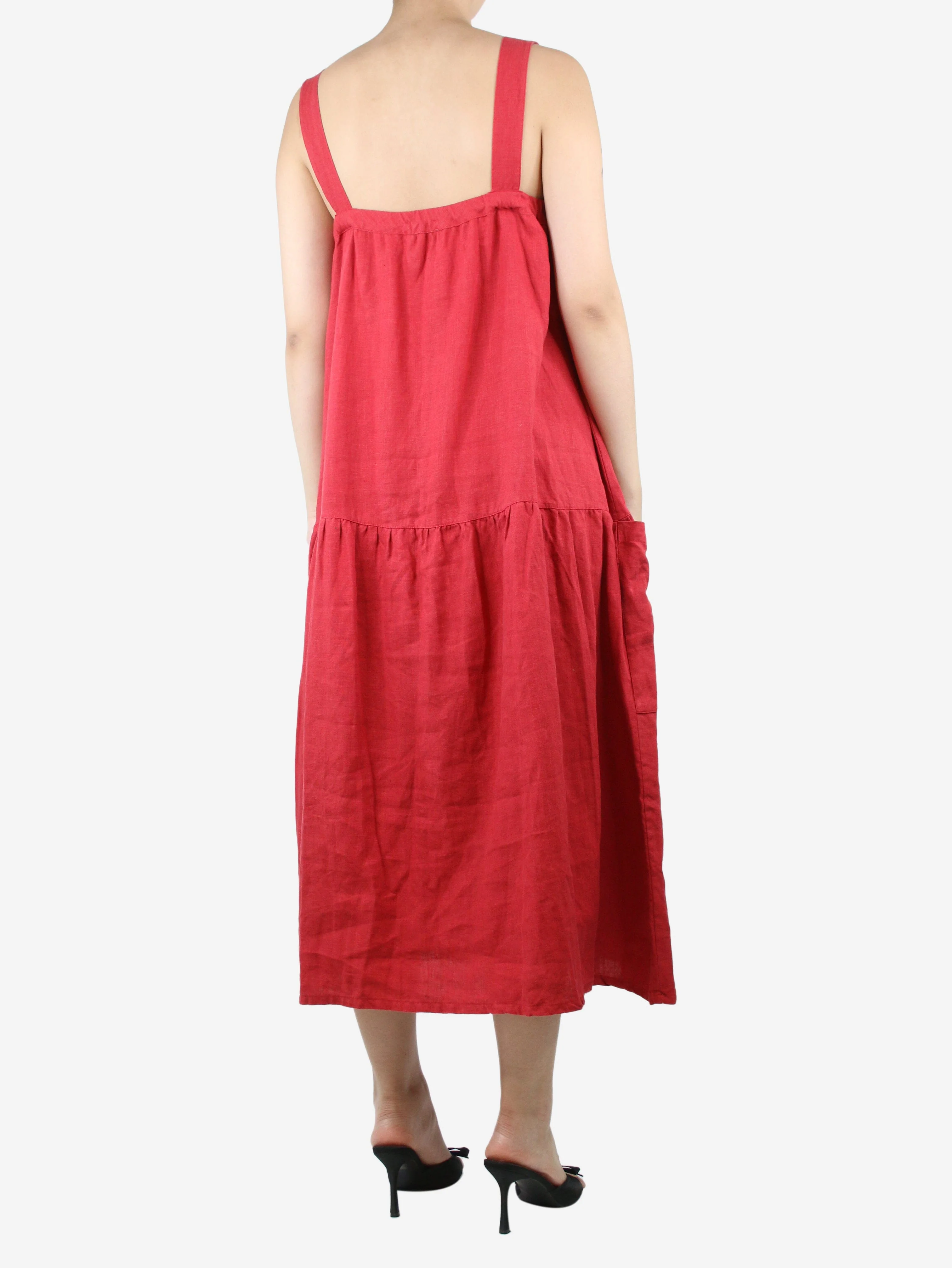 Red sleeveless pocket linen midi dress - size M - Image 2