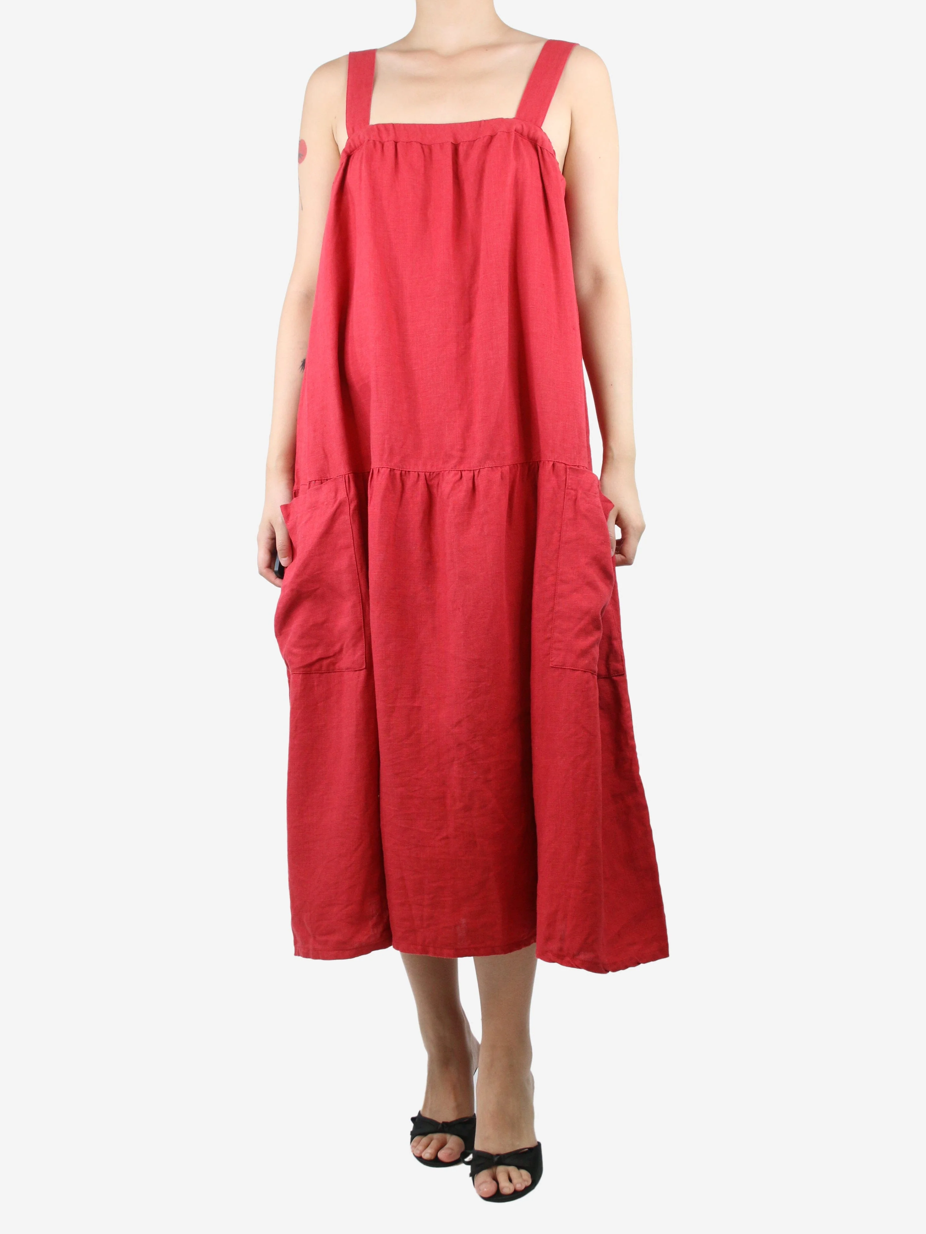 Red sleeveless pocket linen midi dress - size M - Image 3