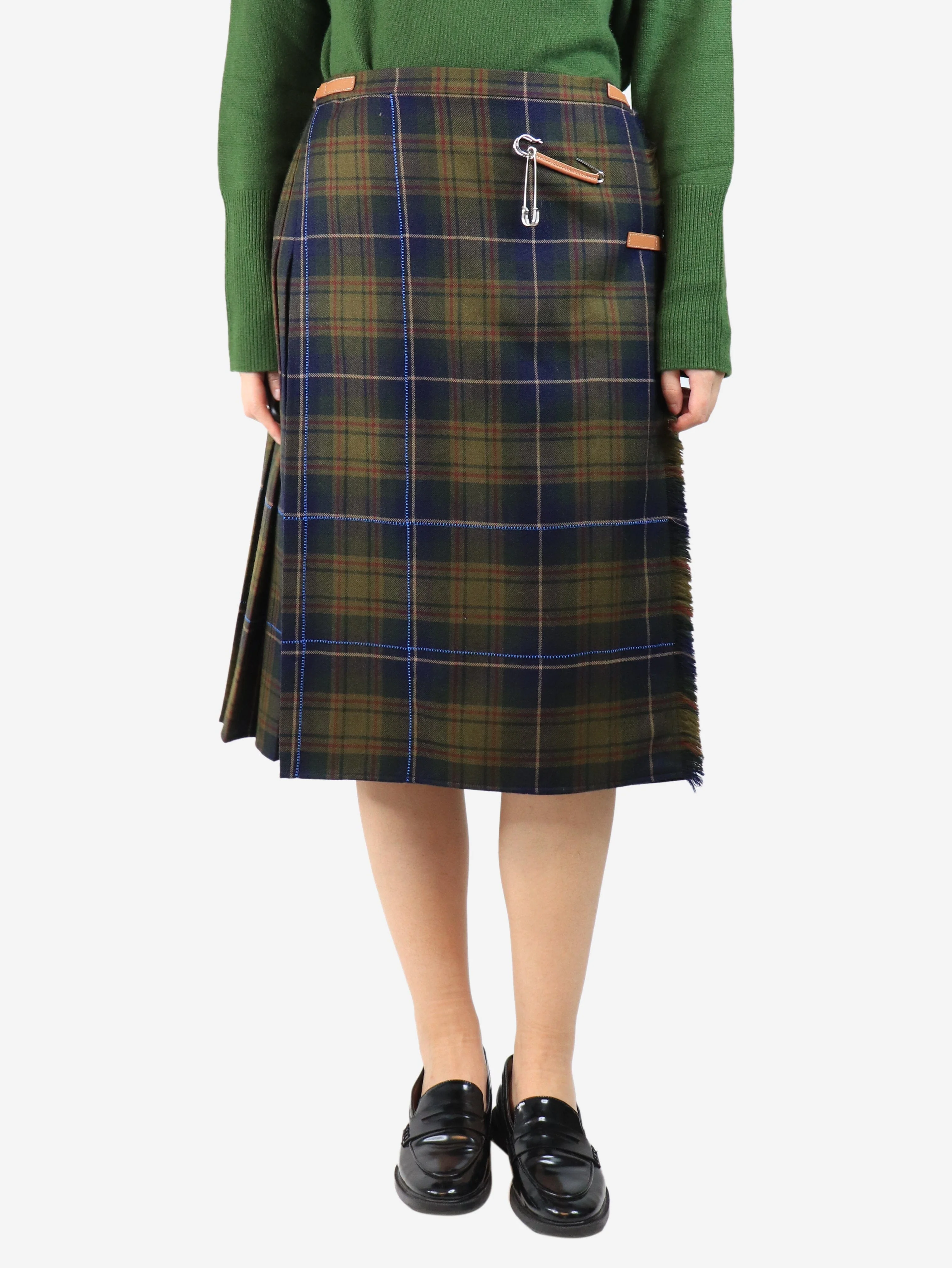 Green tartan pleated kilt - size UK 16