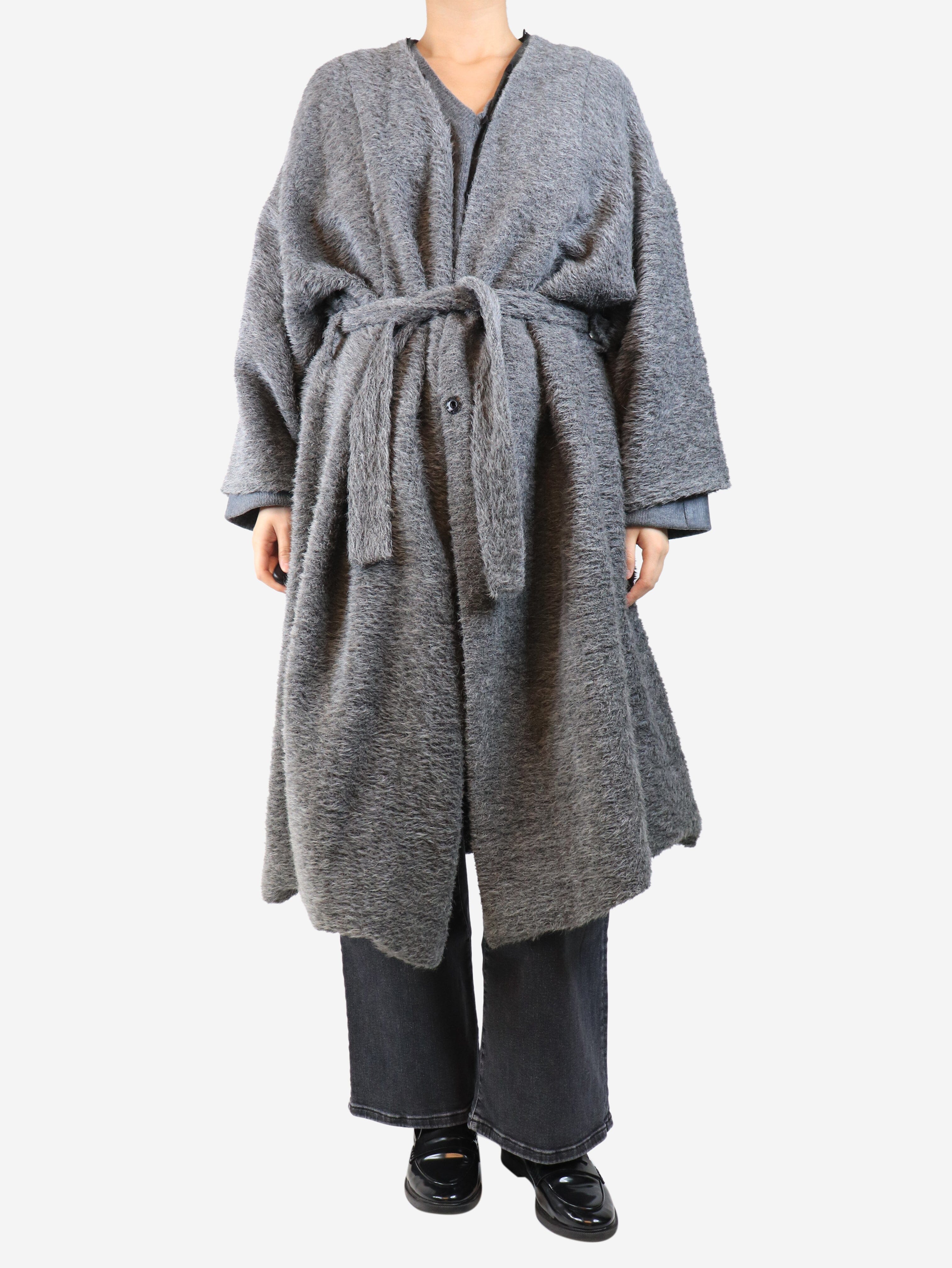 Grey belted alpaca coat - size UK 8
