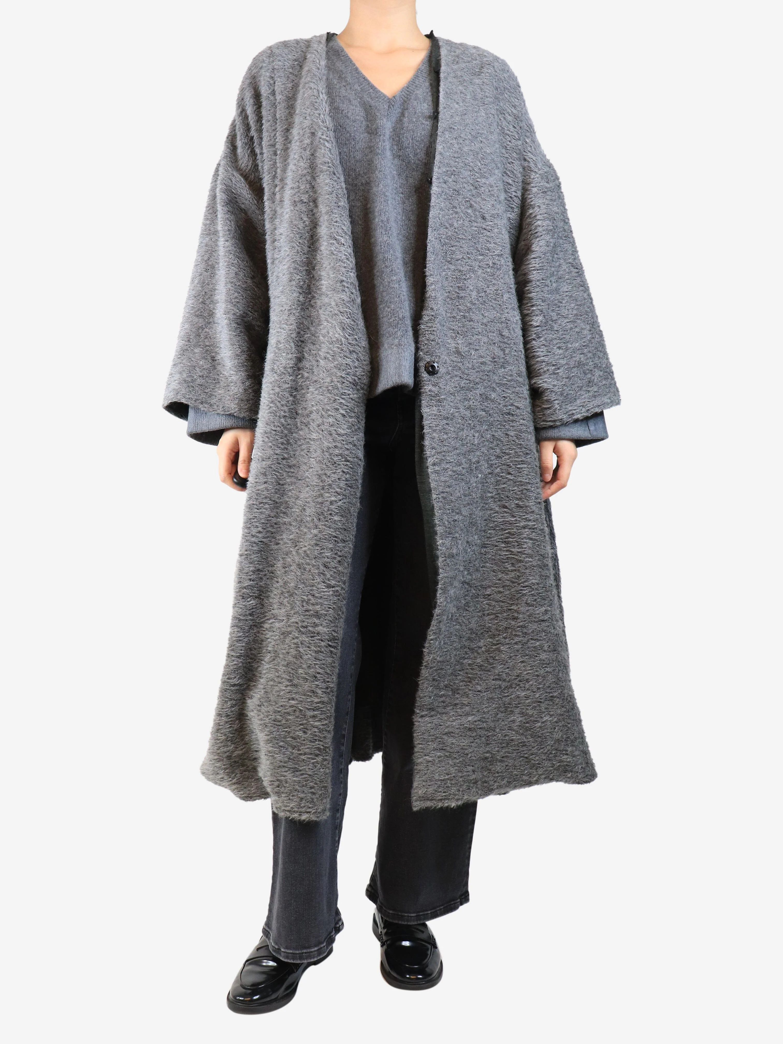 Grey belted alpaca coat - size UK 8 - Image 3