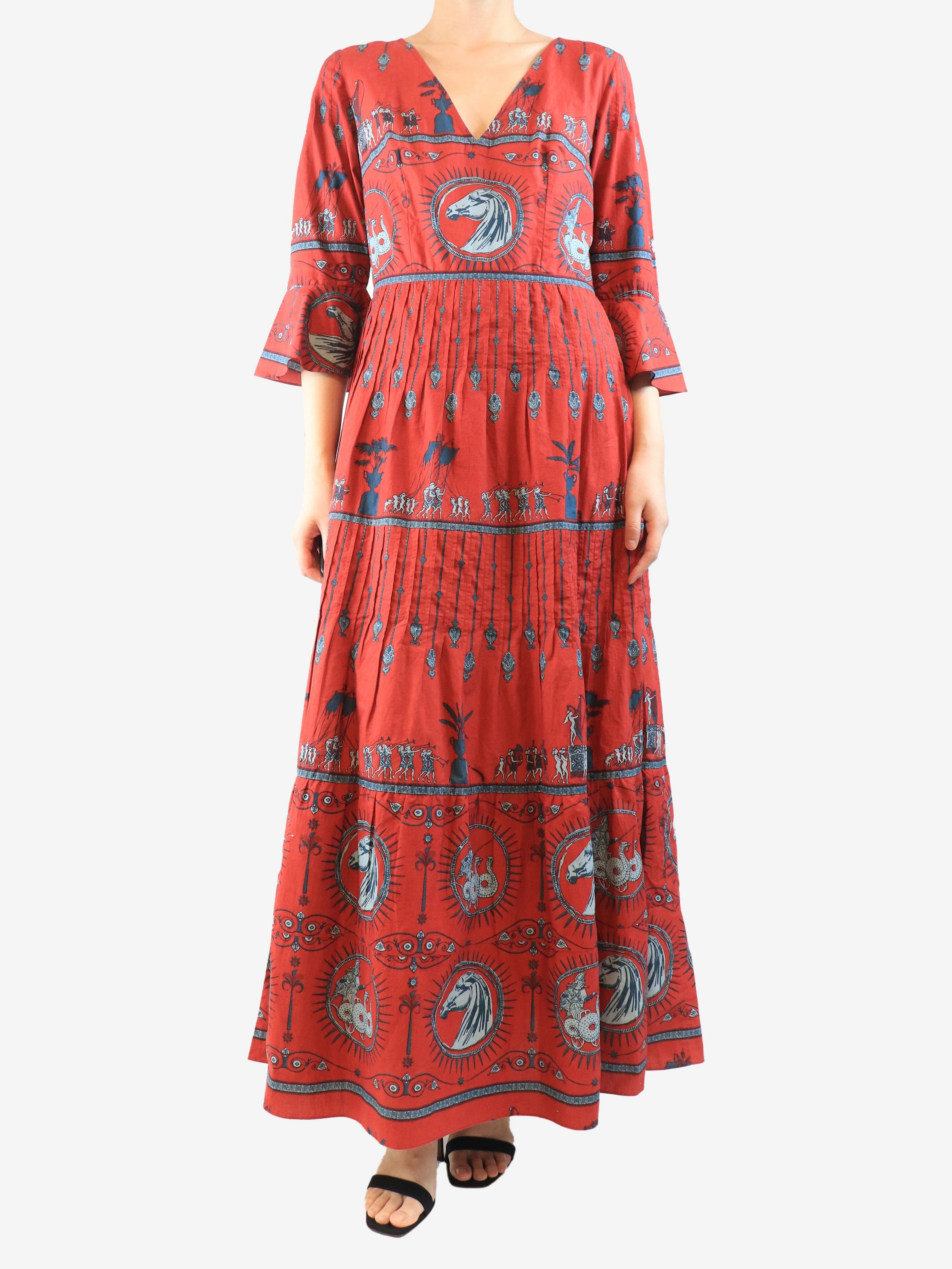 Red cotton printed dress - size UK 10