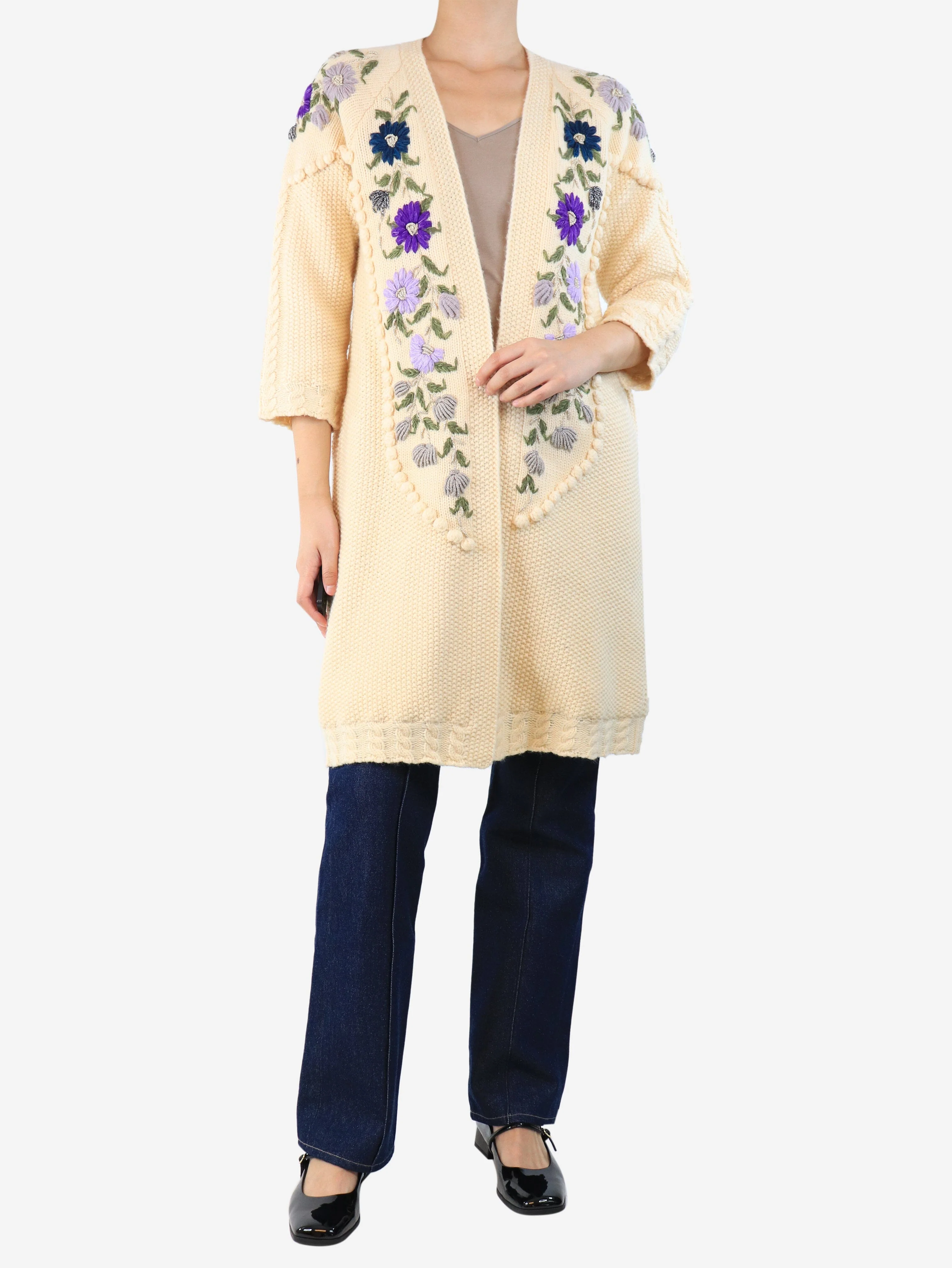 Cream embroidered longline cardigan - size S - Image 3