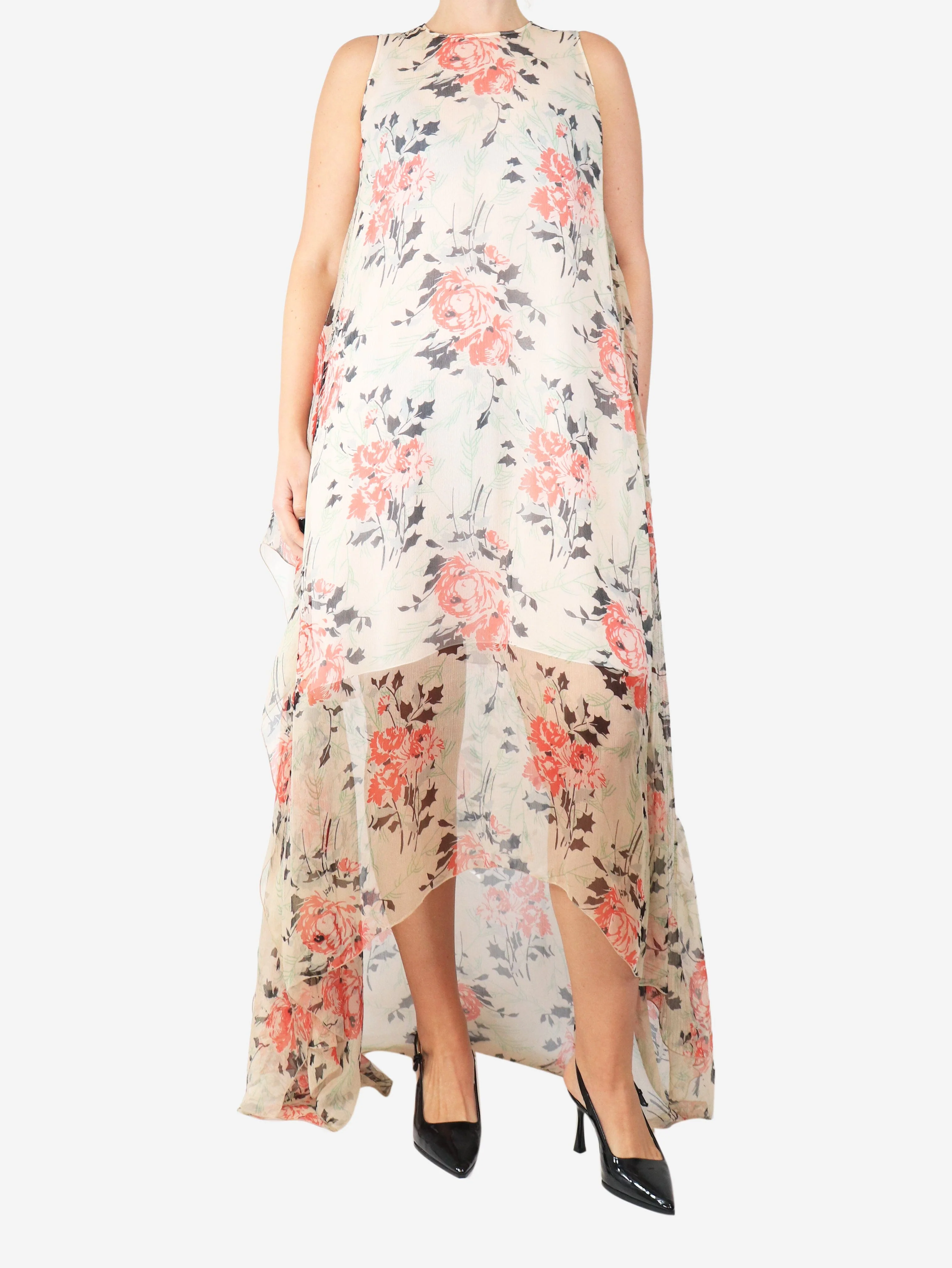 Pink and neutral asymmetric floral-print silk maxi dress - size UK 10