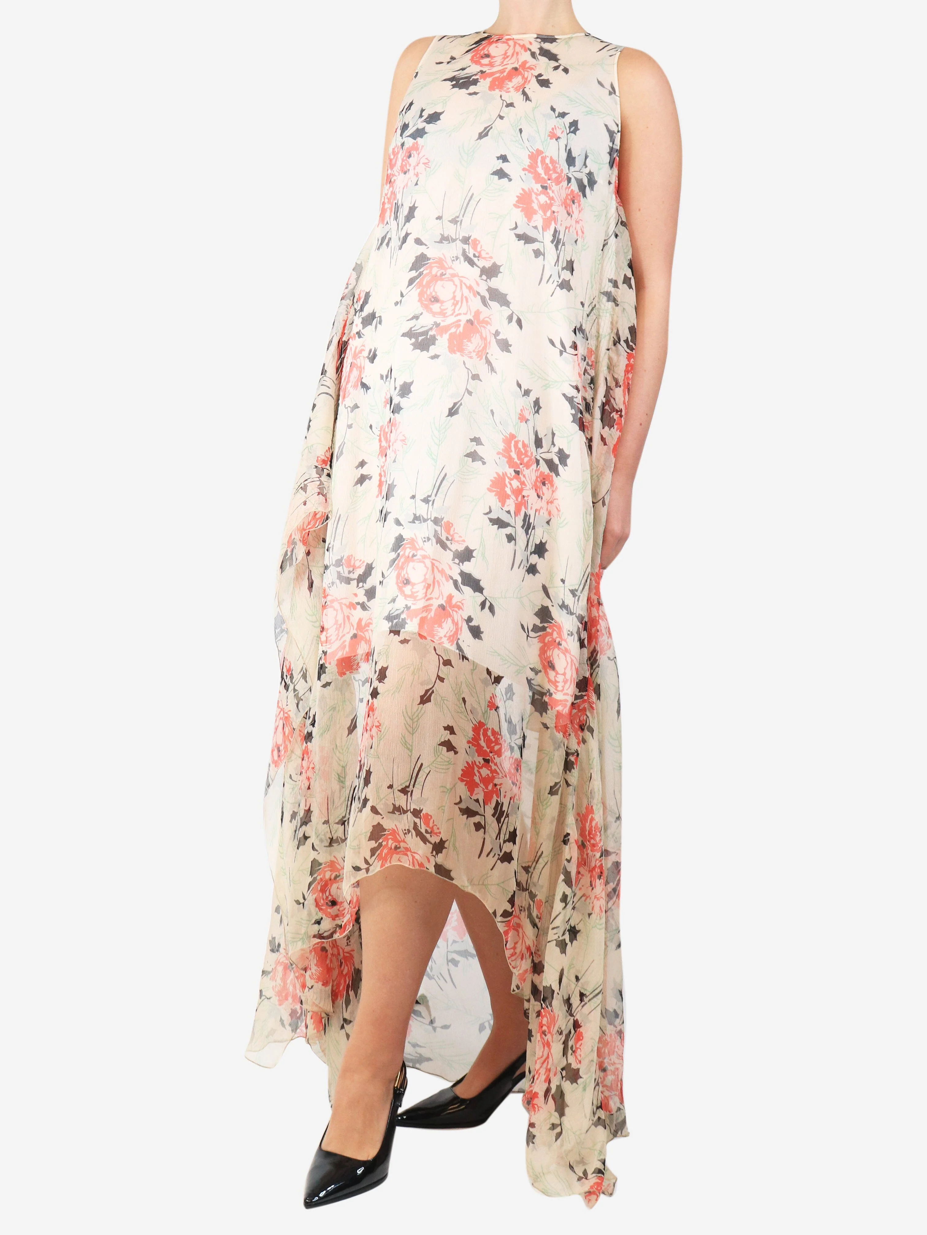 Pink and neutral asymmetric floral-print silk maxi dress - size UK 10 - Image 3