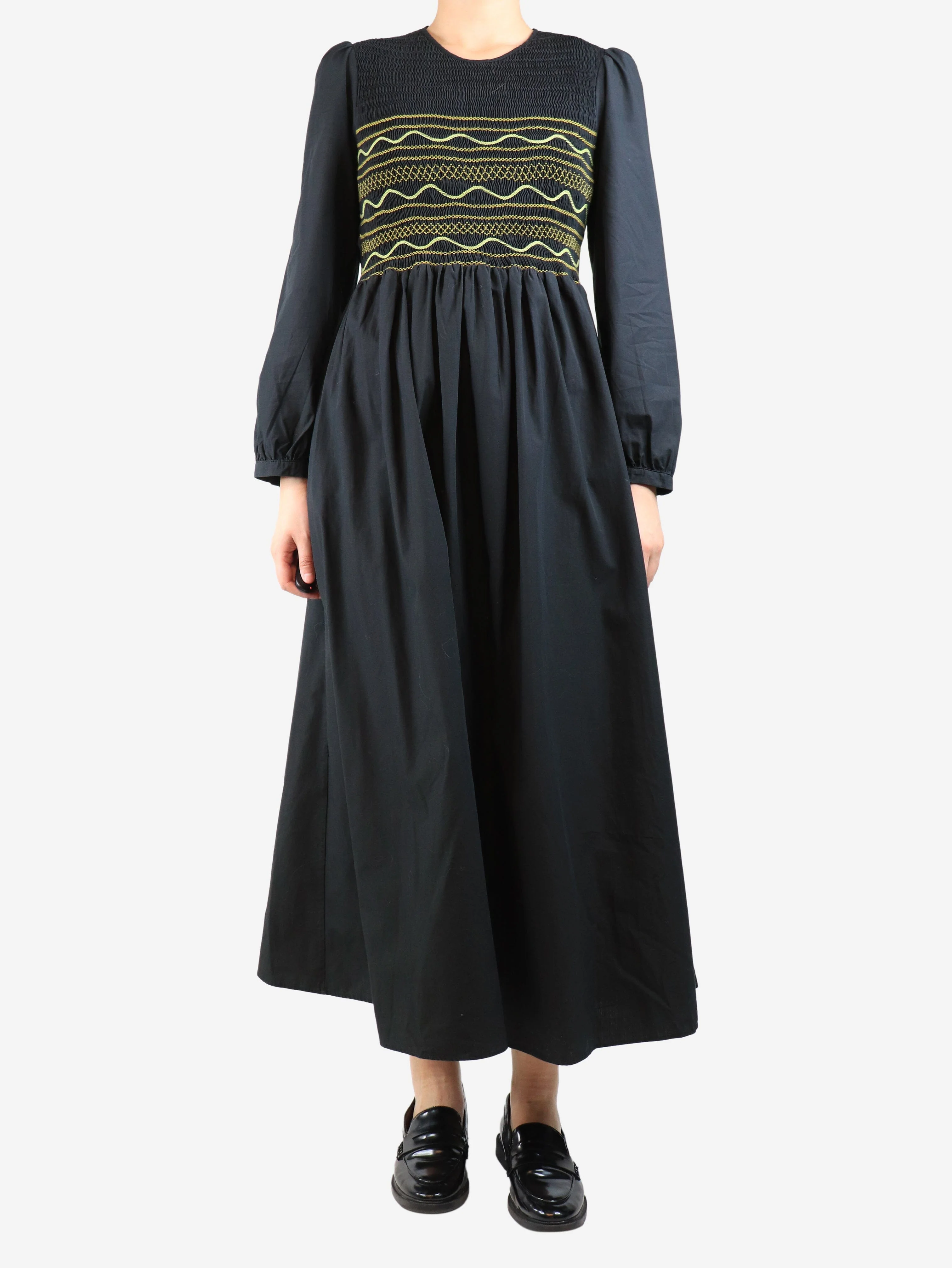 Black cotton shirred midi dress - size L