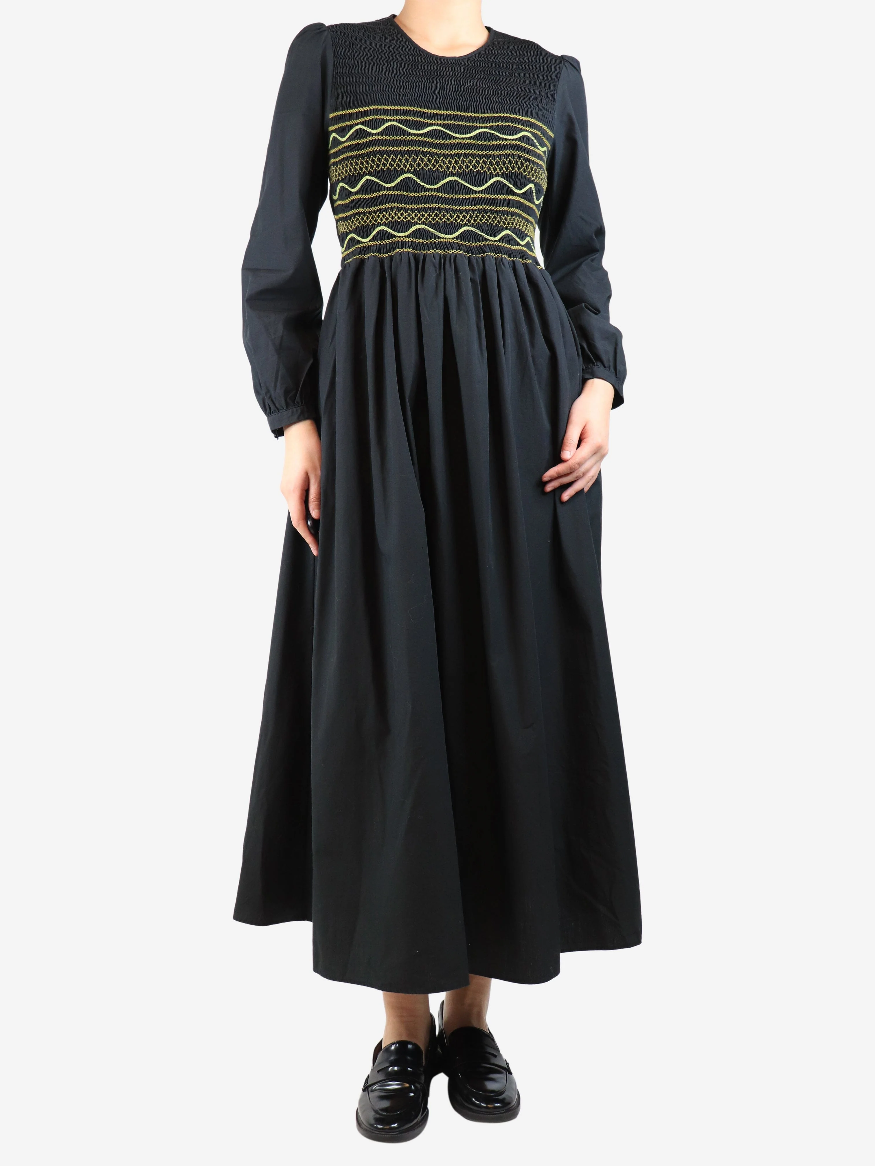 Black cotton shirred midi dress - size L - Image 3