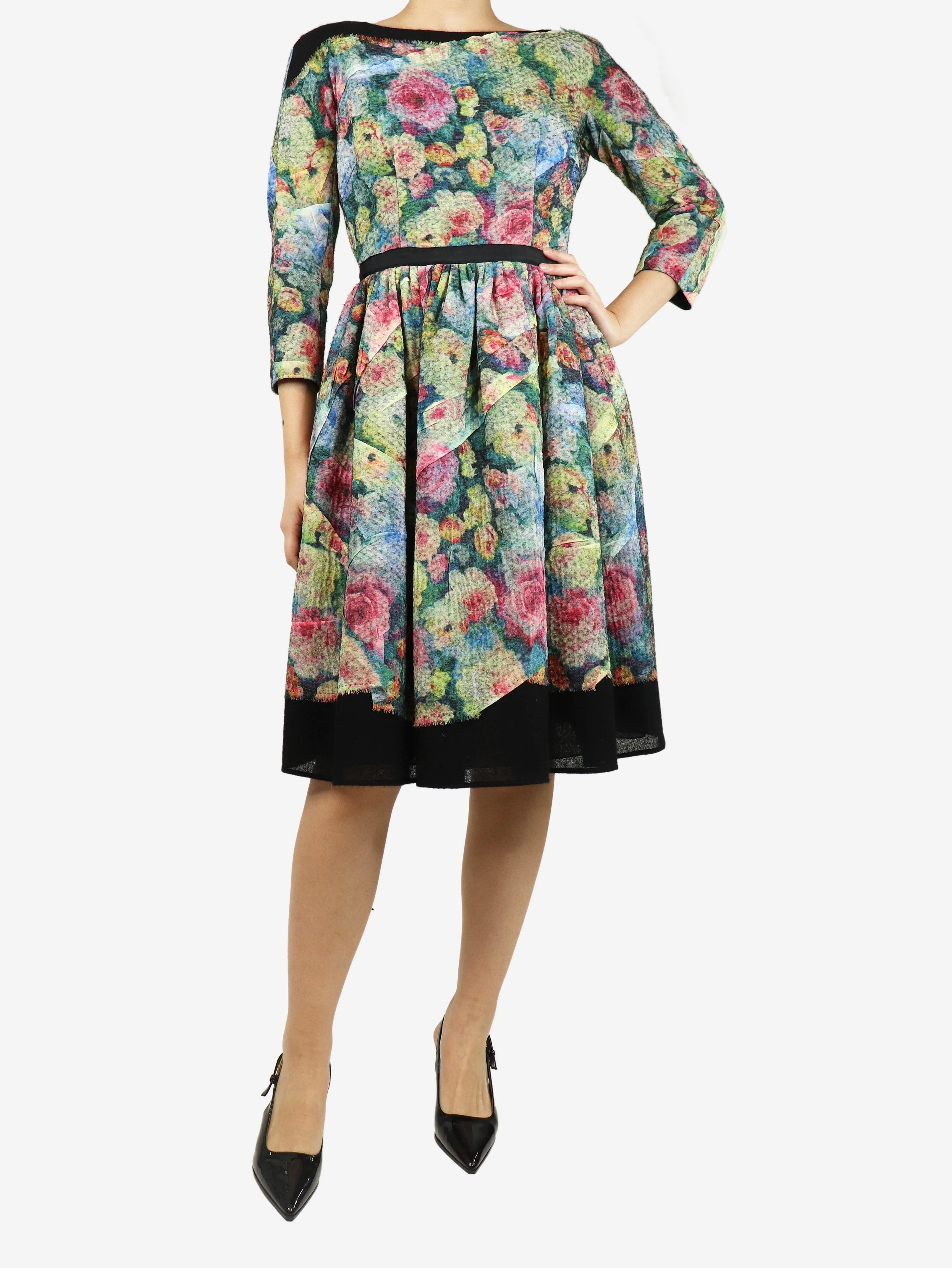Multicolour wool-blend floral midi dress - size UK 10