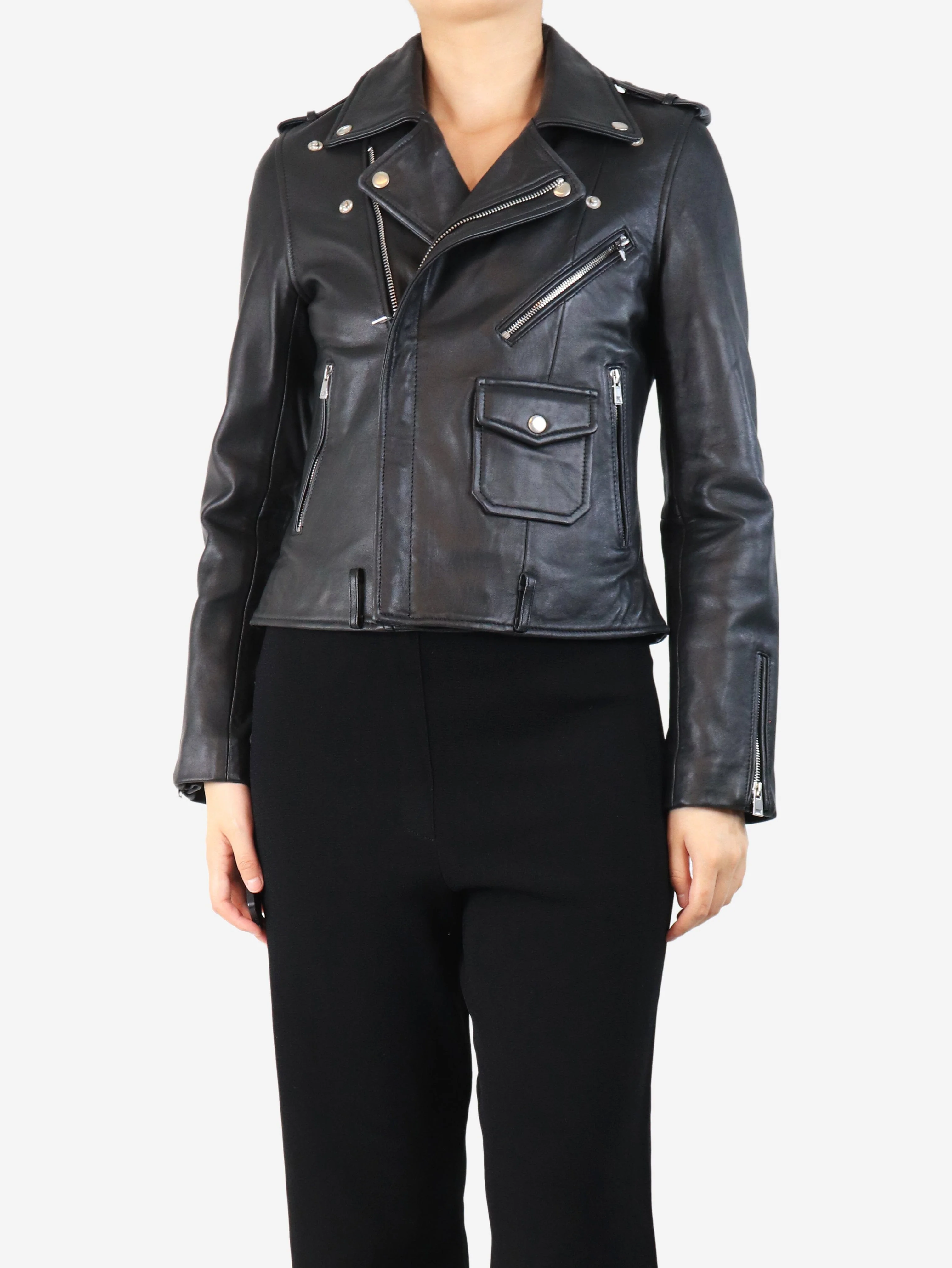 Black leather biker jacket - size UK 12