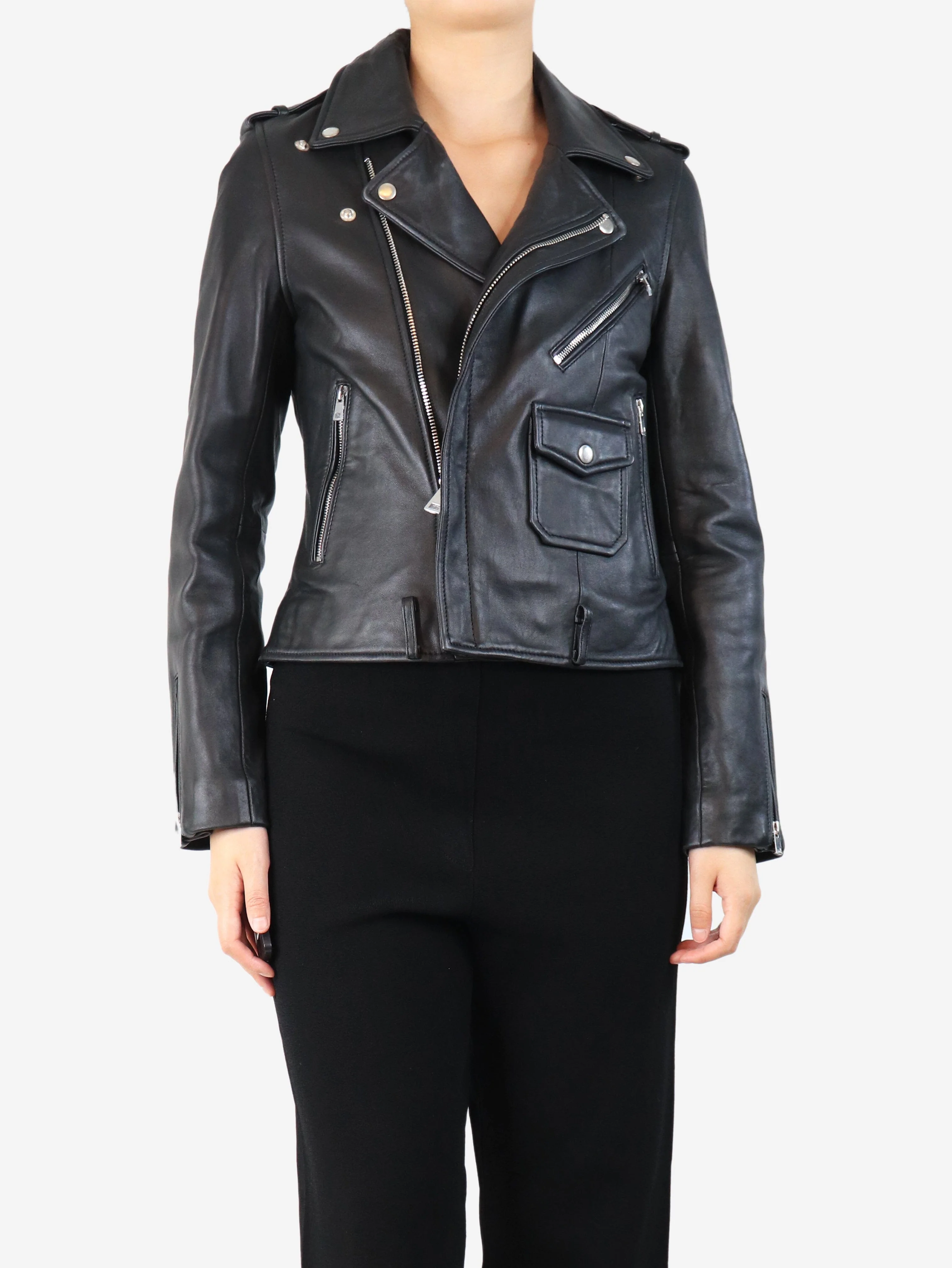 Black leather biker jacket - size UK 12 - Image 3