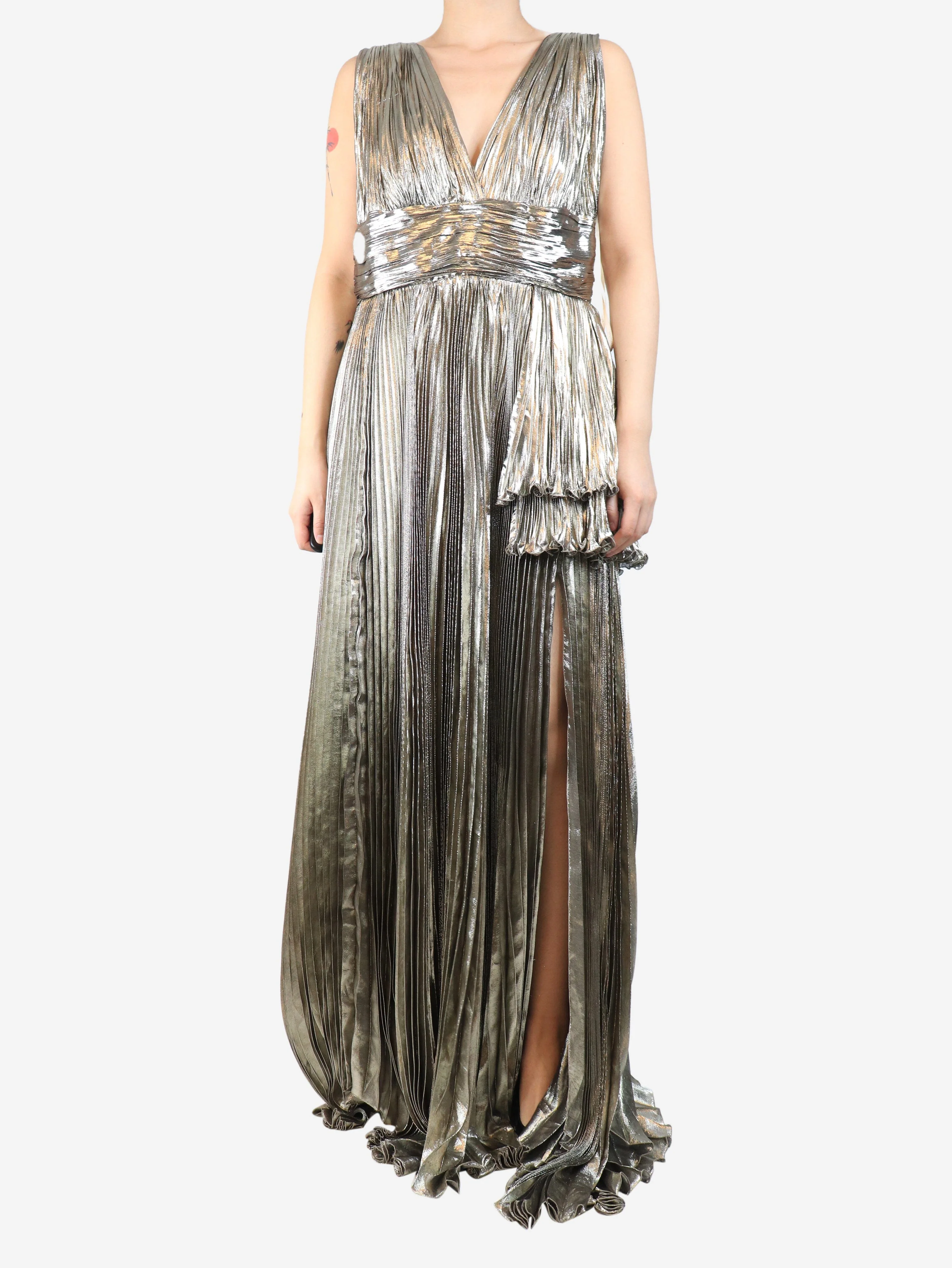 Gold sleeveless metallic pleated dress - size UK 16