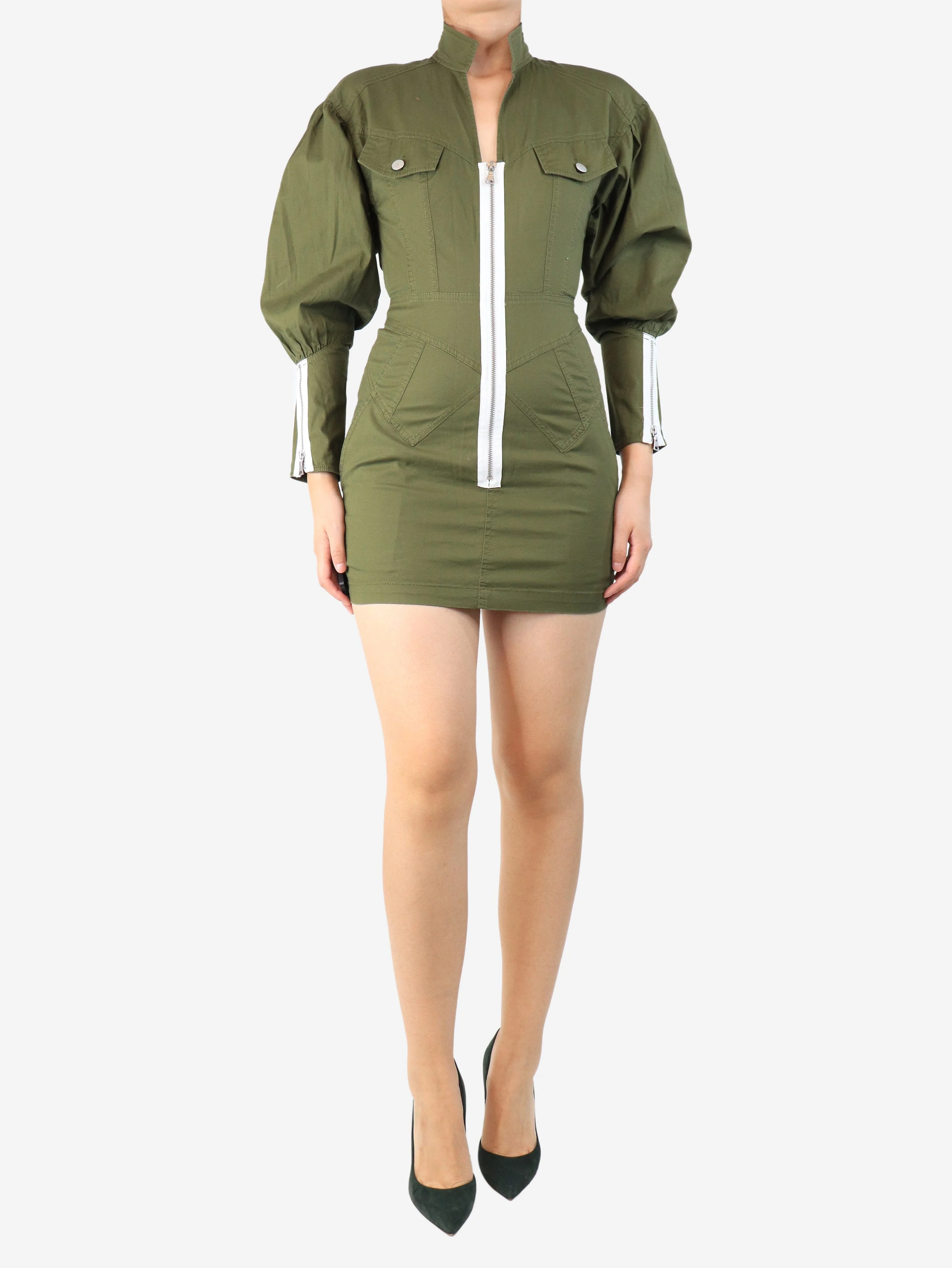 Olive green zip-front cotton mini dress - size S