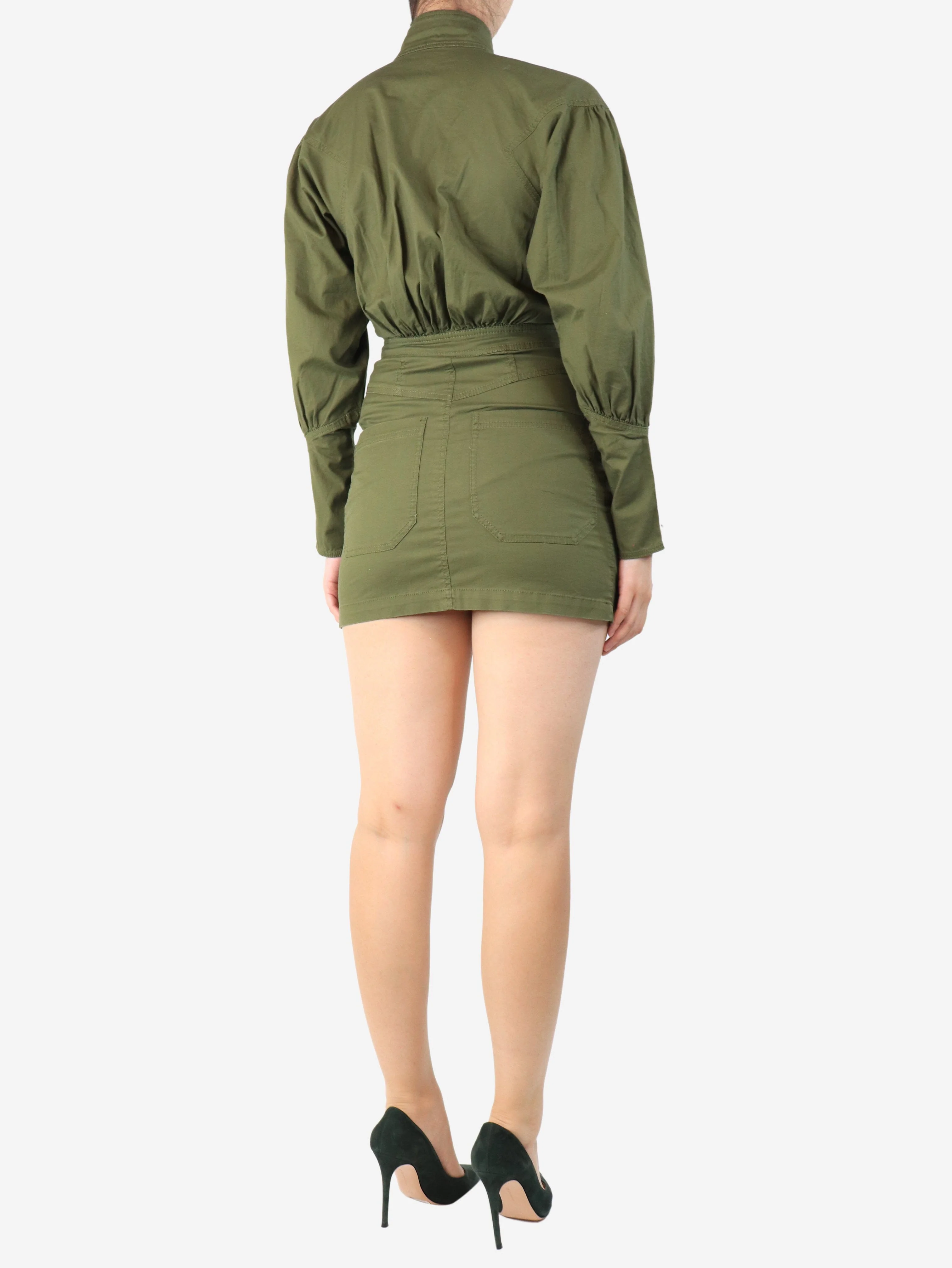 Olive green zip-front cotton mini dress - size S - Image 2